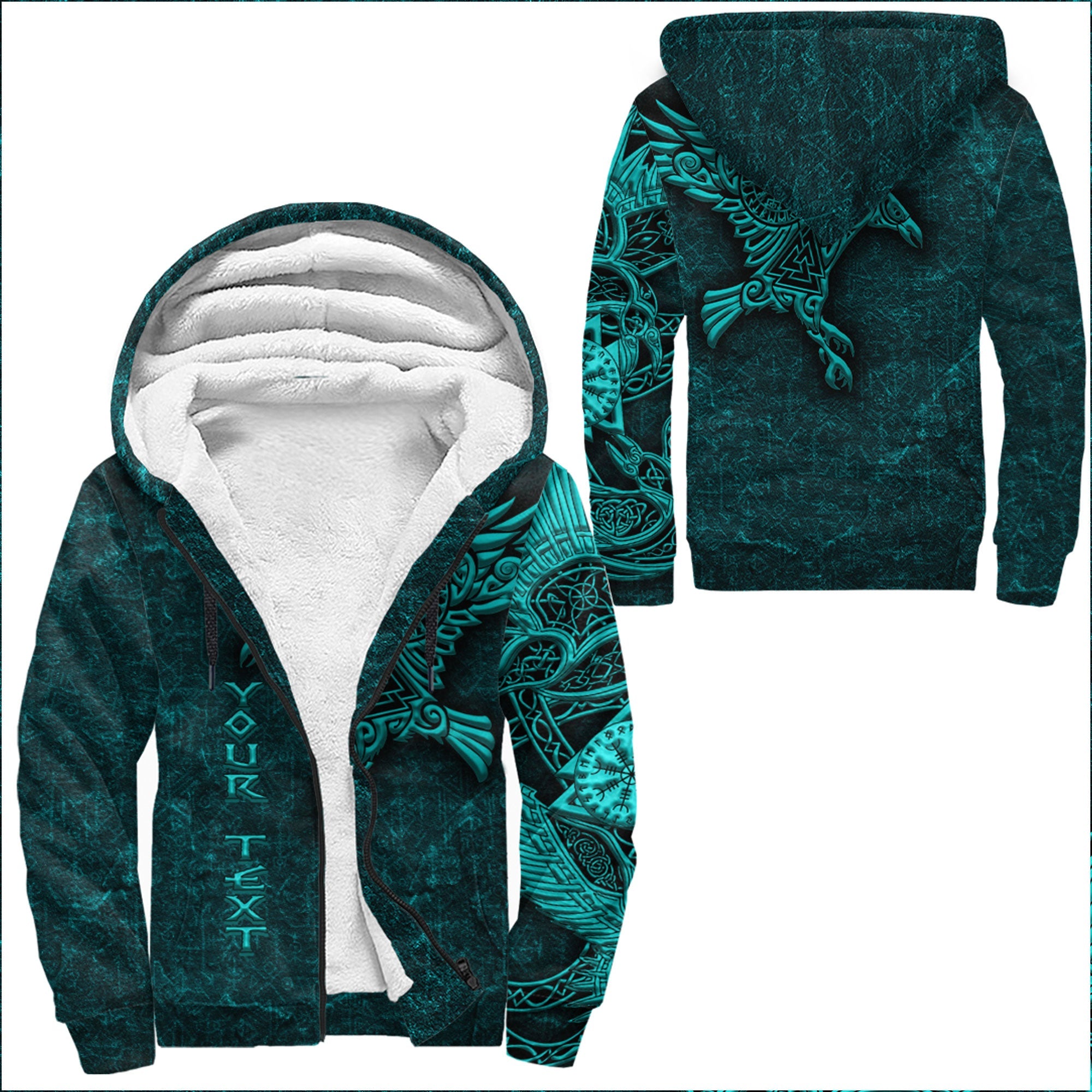 Viking Sherpa Hoodie Raven Vegvisir Turquoise Custum
