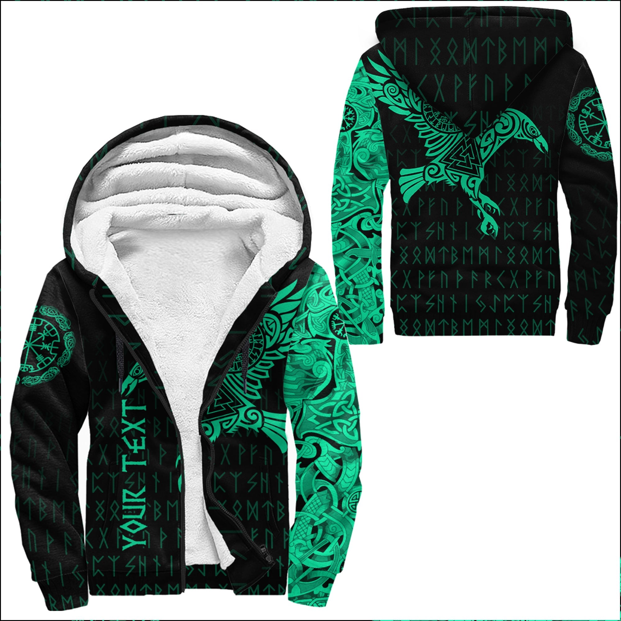 Custom Viking Sherpa Hoodie The Raven Of Odin Tattoo Green Cyan Version