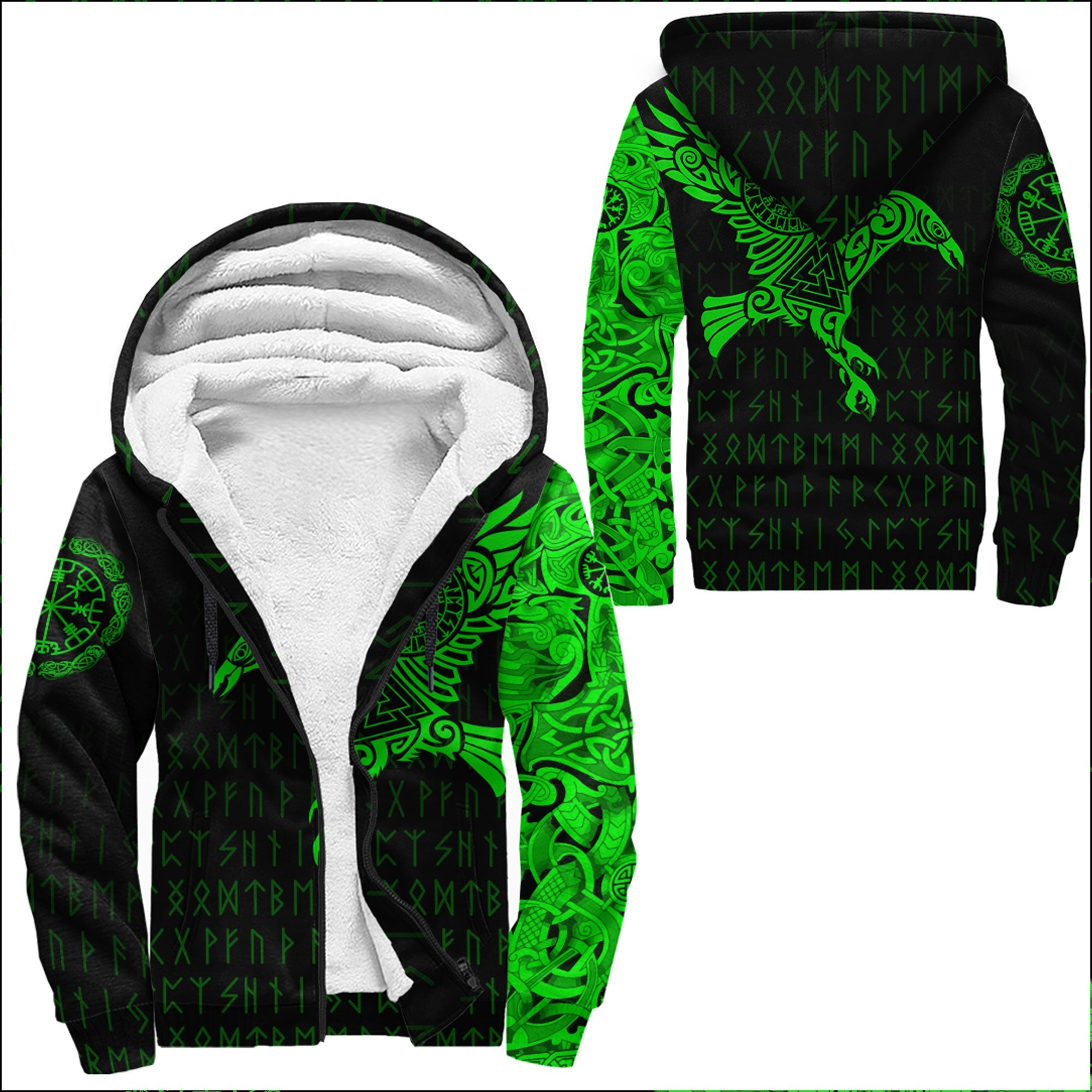 Viking Sherpa Hoodie The Raven Of Odin Tattoo Green Version