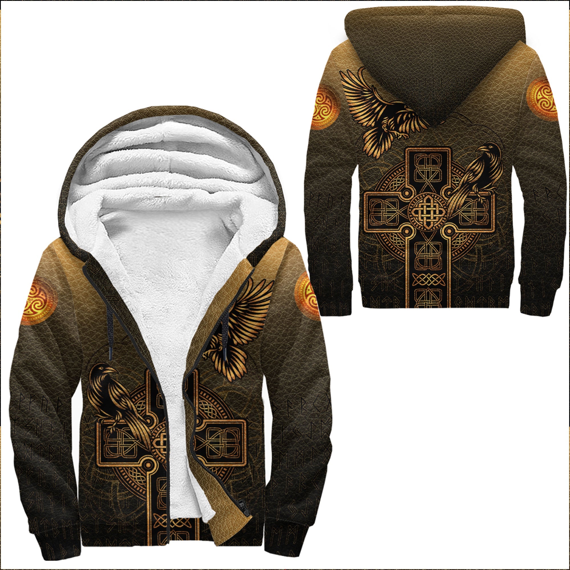 Viking Sherpa Hoodie Hugin and Munin Gold Leather Background