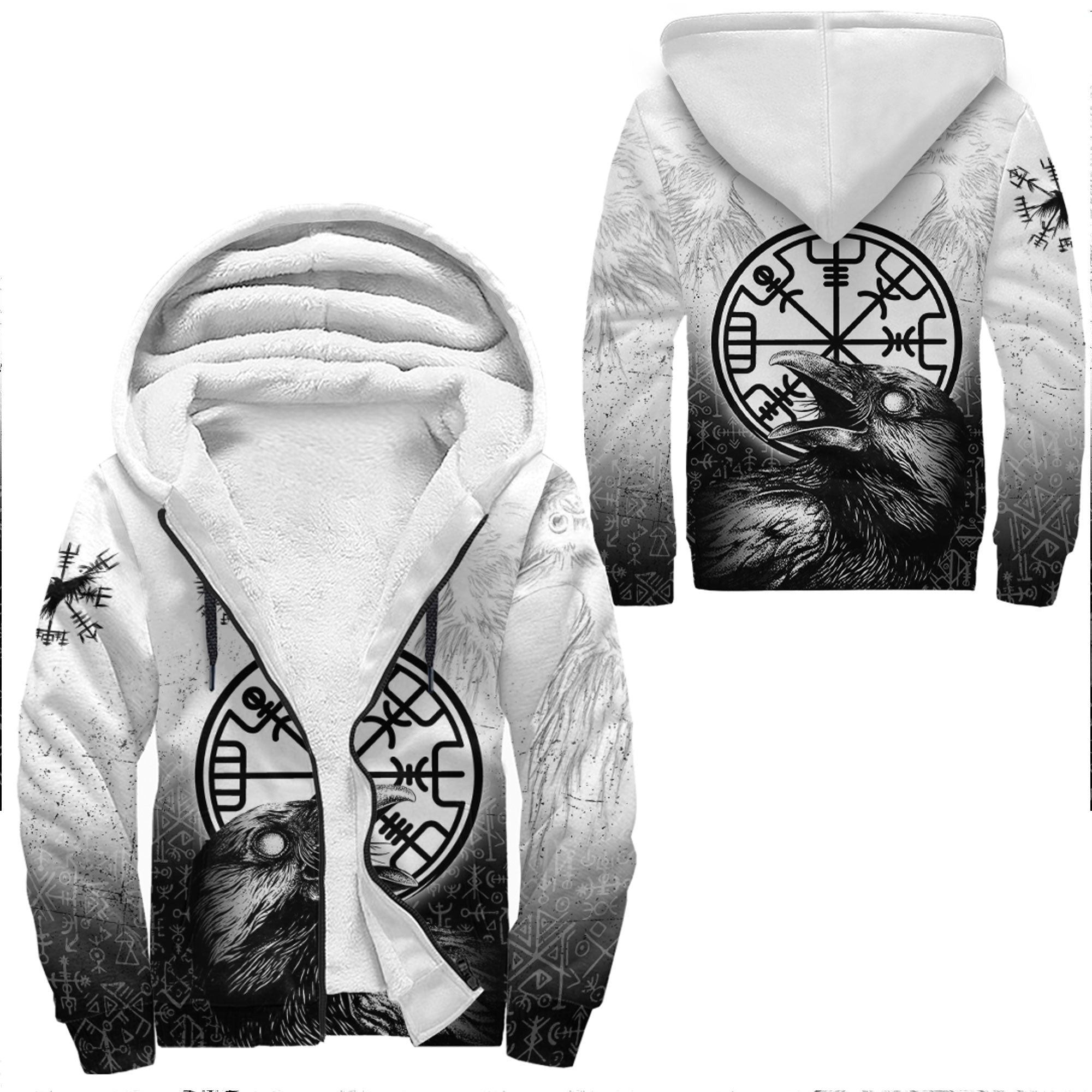Viking Sherpa Hoodie Raven Black and White Vegvisir