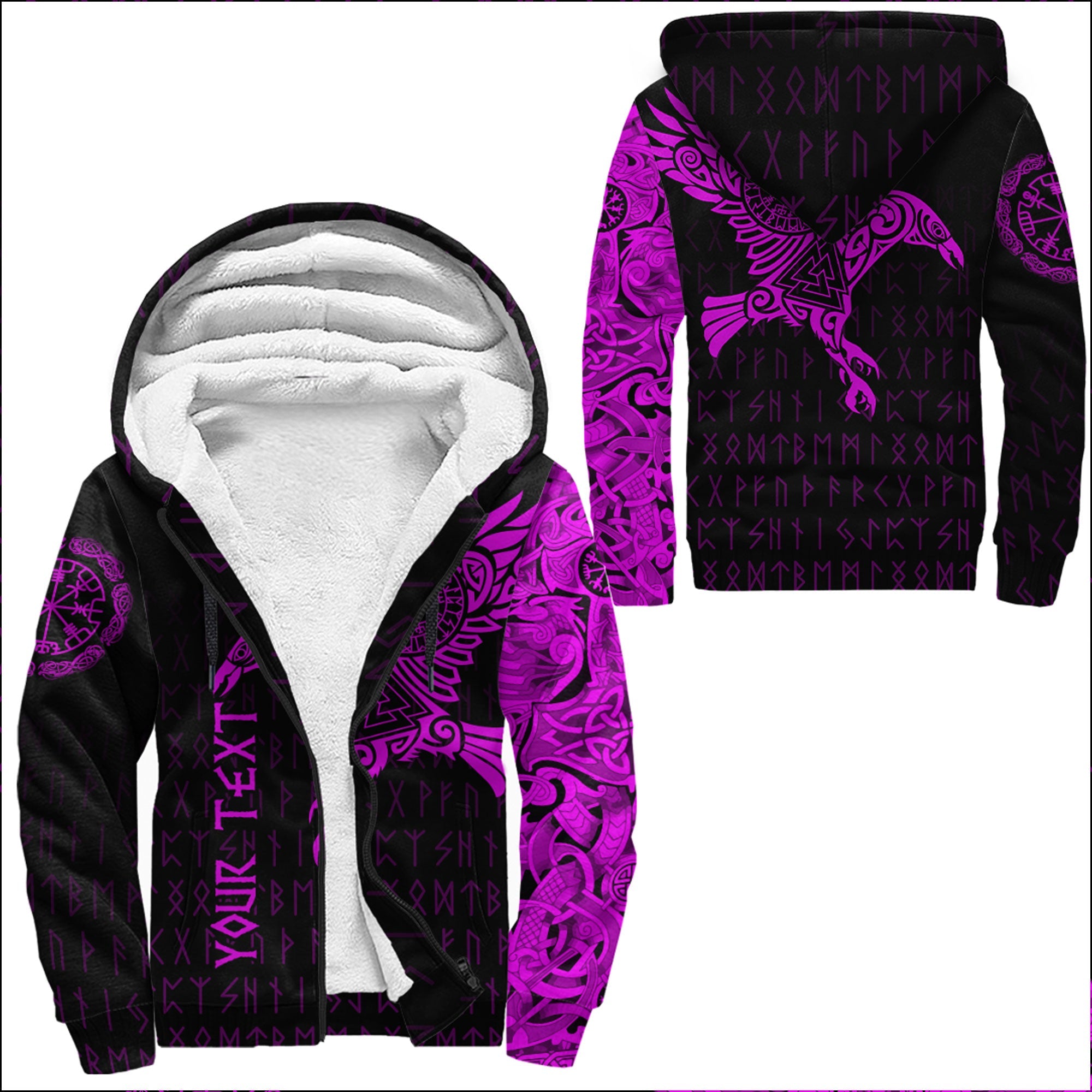 Custom Viking Sherpa Hoodie The Raven Of Odin Tattoo Pink Version