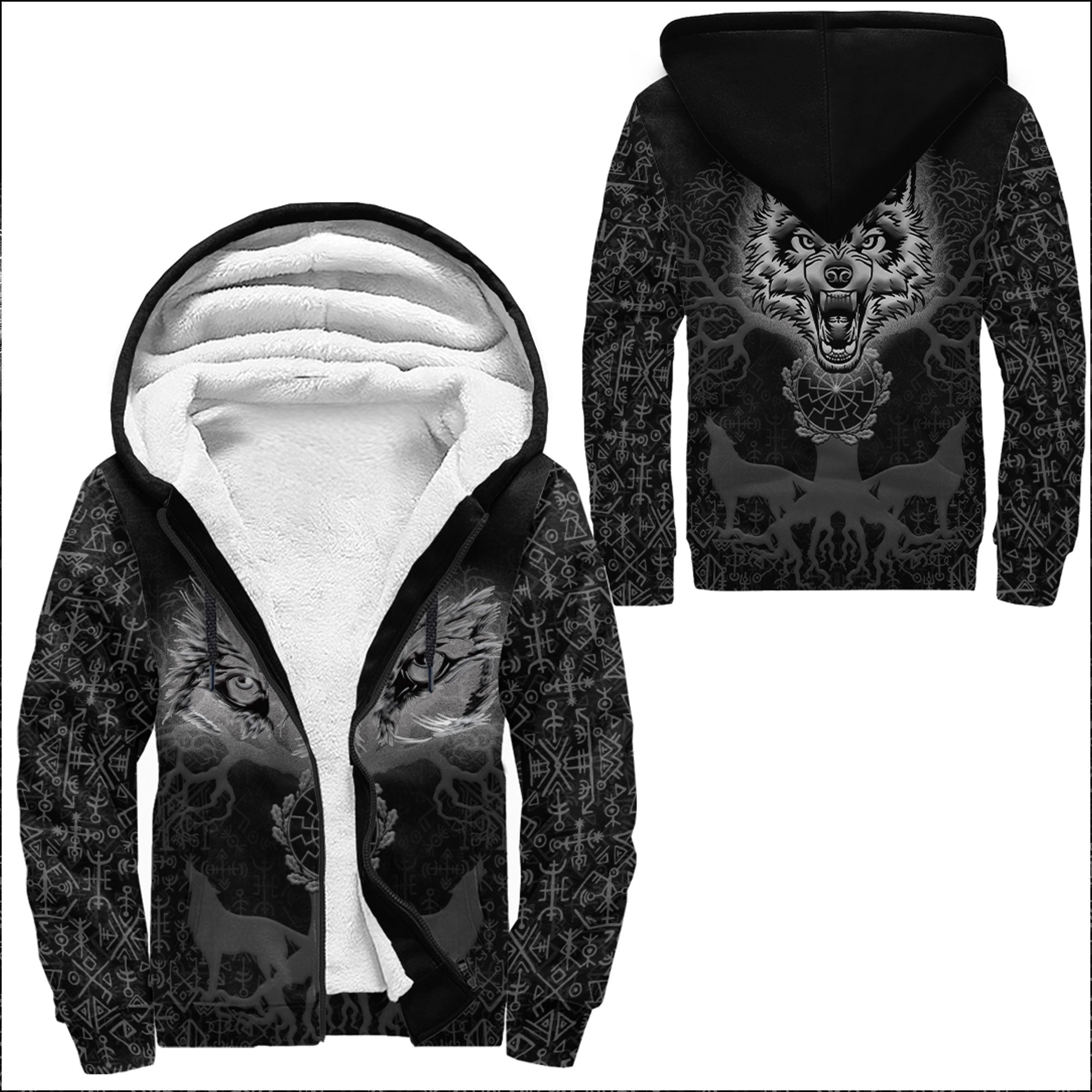 Viking Sherpa Hoodie Tree And Wolf