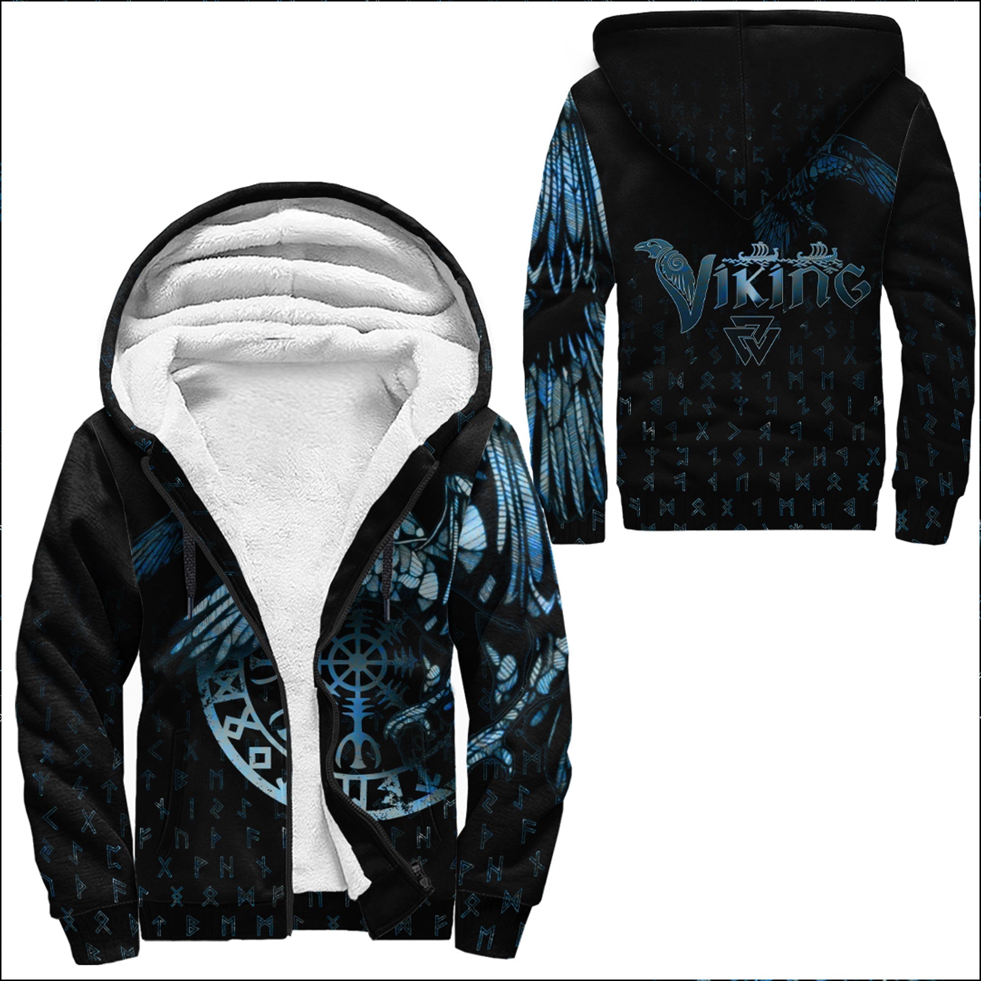 Viking Sherpa Hoodie Raven Helm of Awe Dark Blue