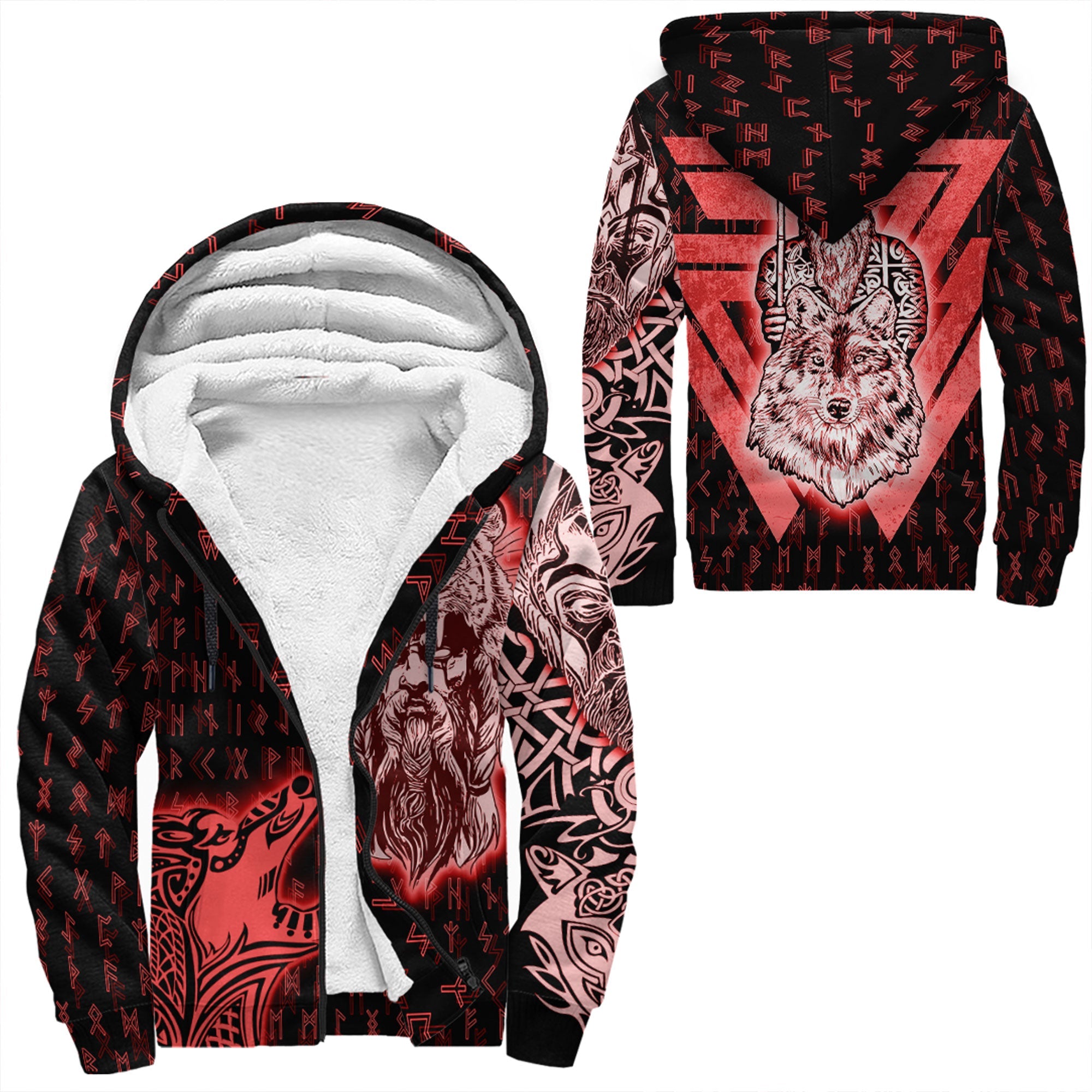 Viking Sherpa Hoodie Odin and Wolf Red Style
