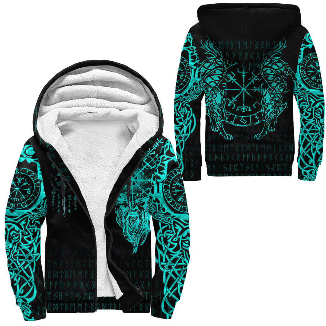 Viking Sherpa Hoodie Compass Vegvisir Tattoo Cyan Version