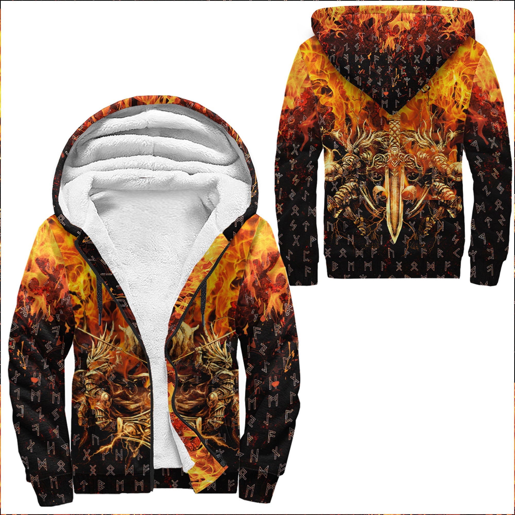Viking Sherpa Hoodie Valkyrie Warrirors Valknut Fire