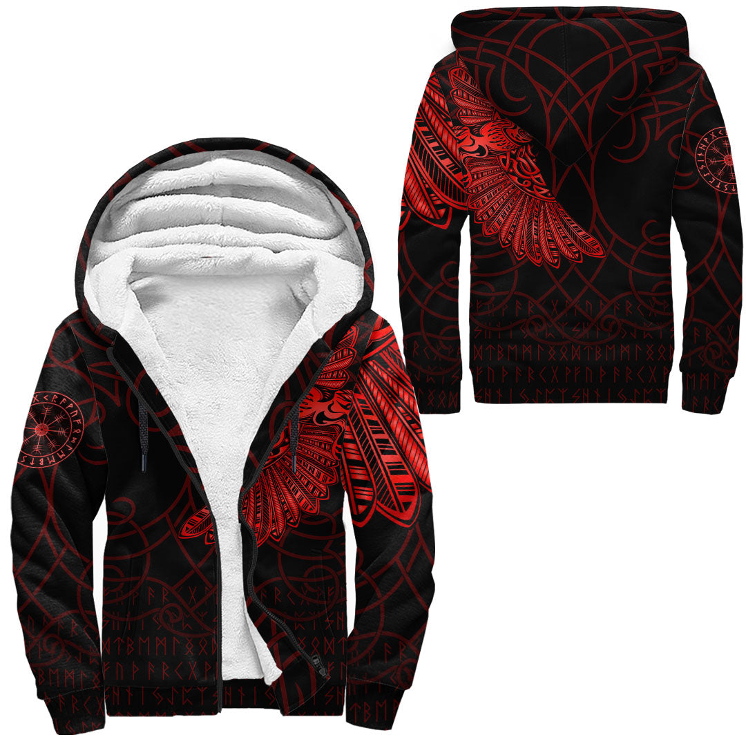 Viking Sherpa Hoodie Odin’s Raven Tattoo Red Version