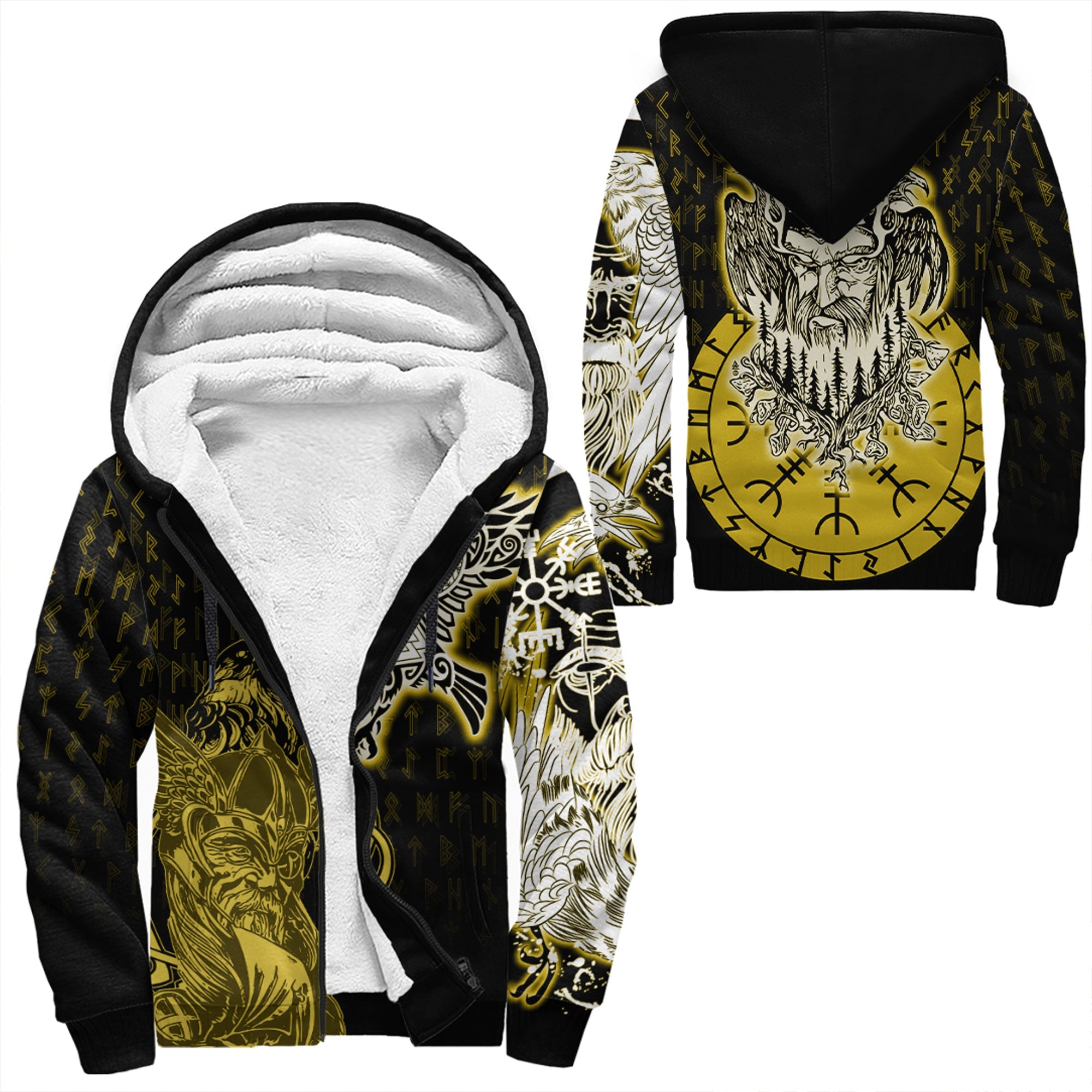 Viking Sherpa Hoodie Odin and Raven Gold
