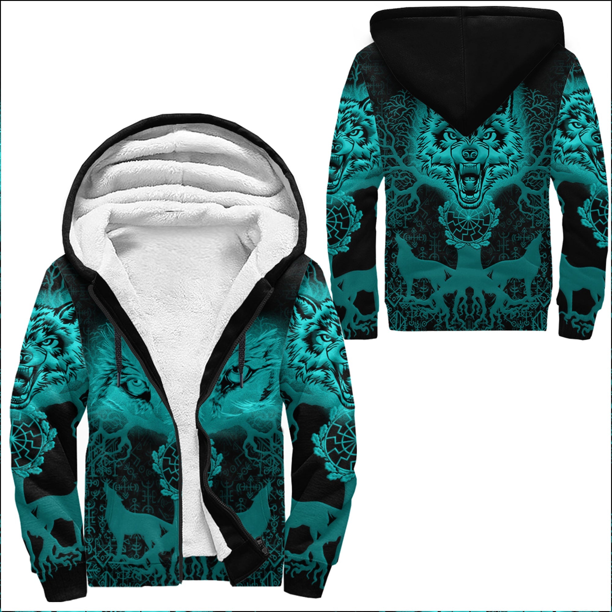 Viking Sherpa Hoodie Wolf And Tree Turquoise Style