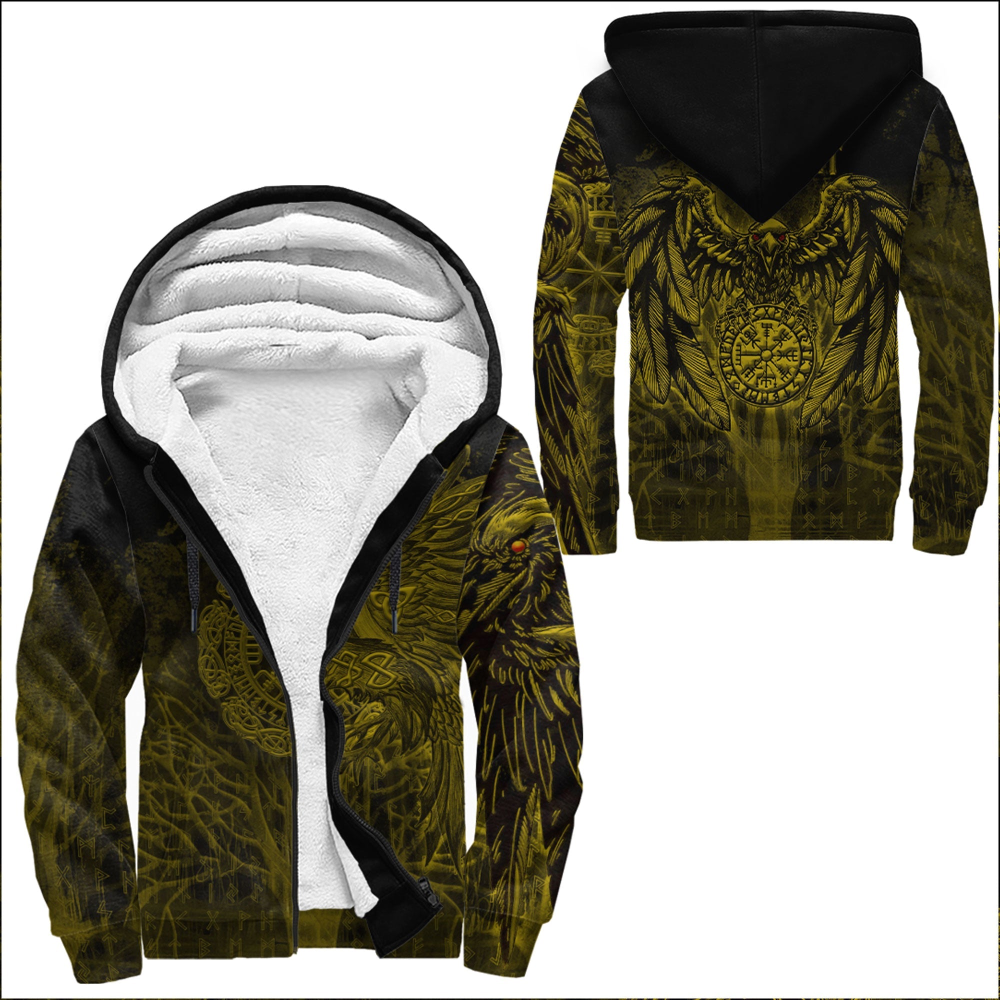 Viking Sherpa Hoodie Vegvisir Raven Gold