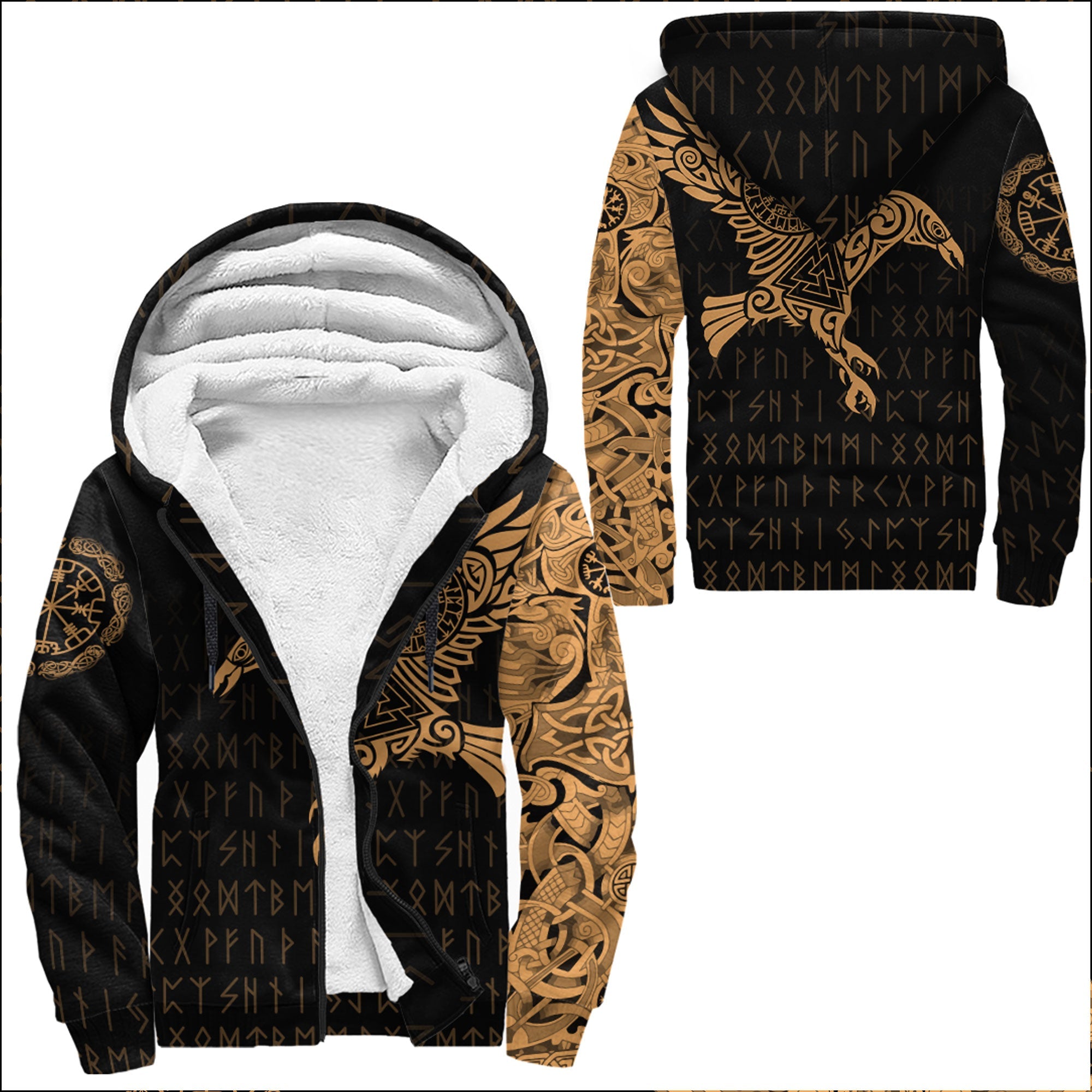 Viking Sherpa Hoodie The Raven Of Odin Tattoo Gold Version