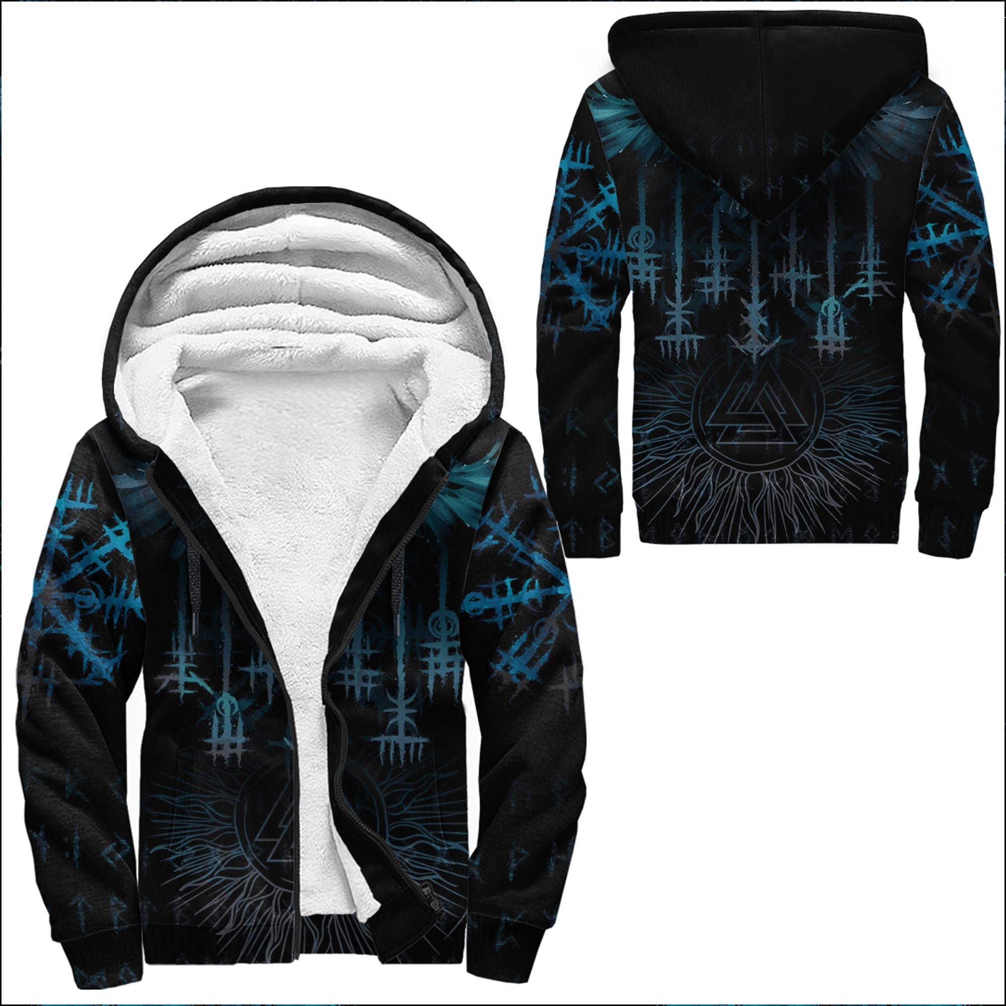 Viking Sherpa Hoodie Raven and Valknut Cyan Style