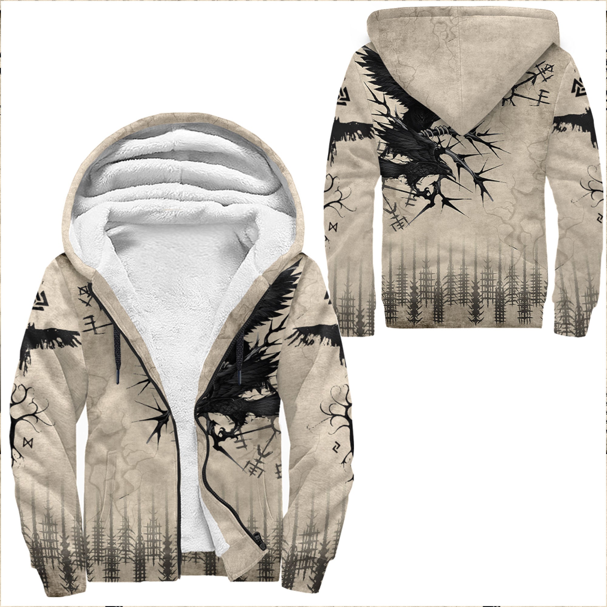Viking Sherpa Hoodie Raven and Vegvisir Vintage Style