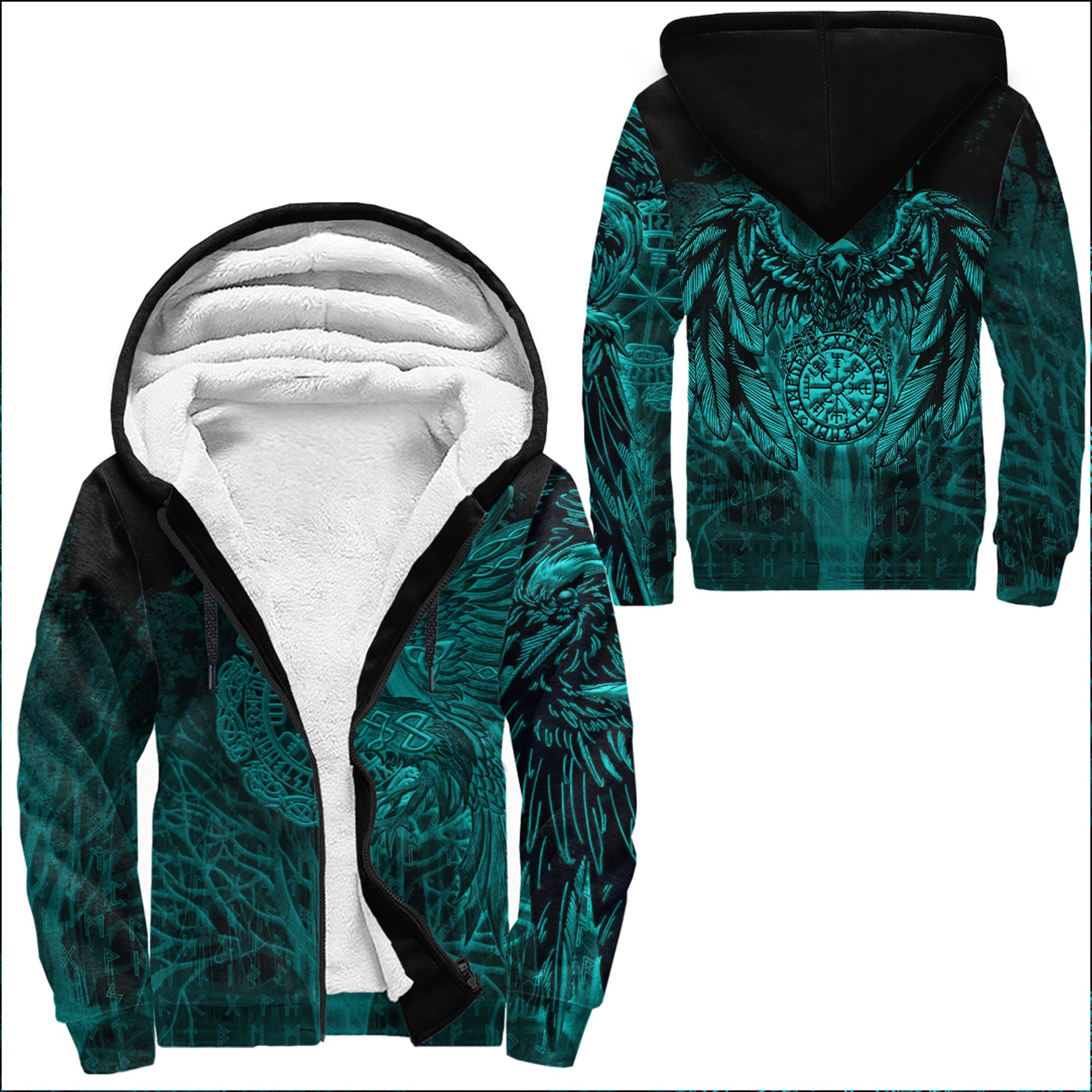 Viking Sherpa Hoodie Vegvisir Raven Turquoise Ver02