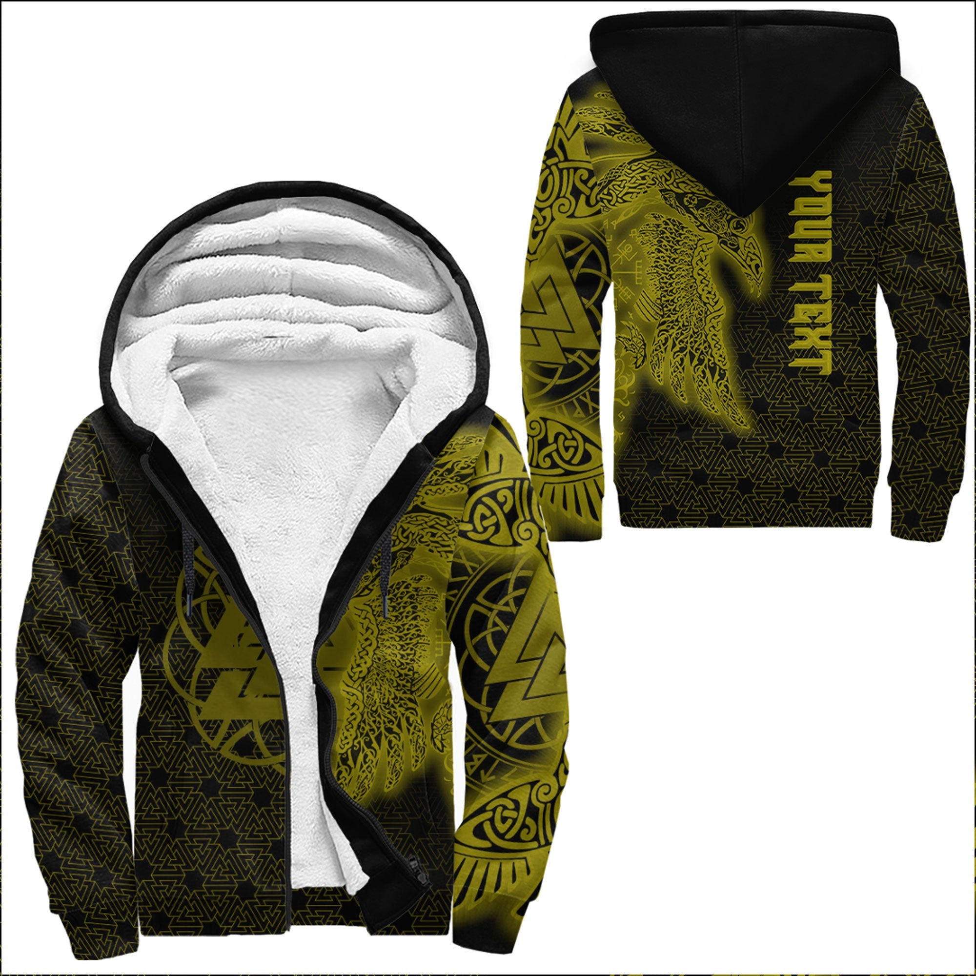 Viking Sherpa Hoodie Raven Valknut Gold Style
