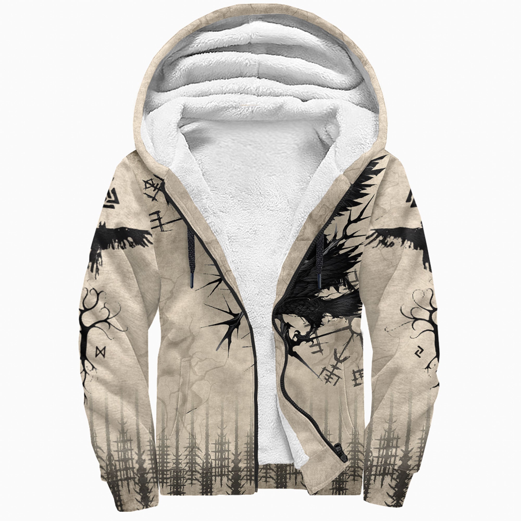 Viking Sherpa Hoodie Raven and Vegvisir Vintage Style