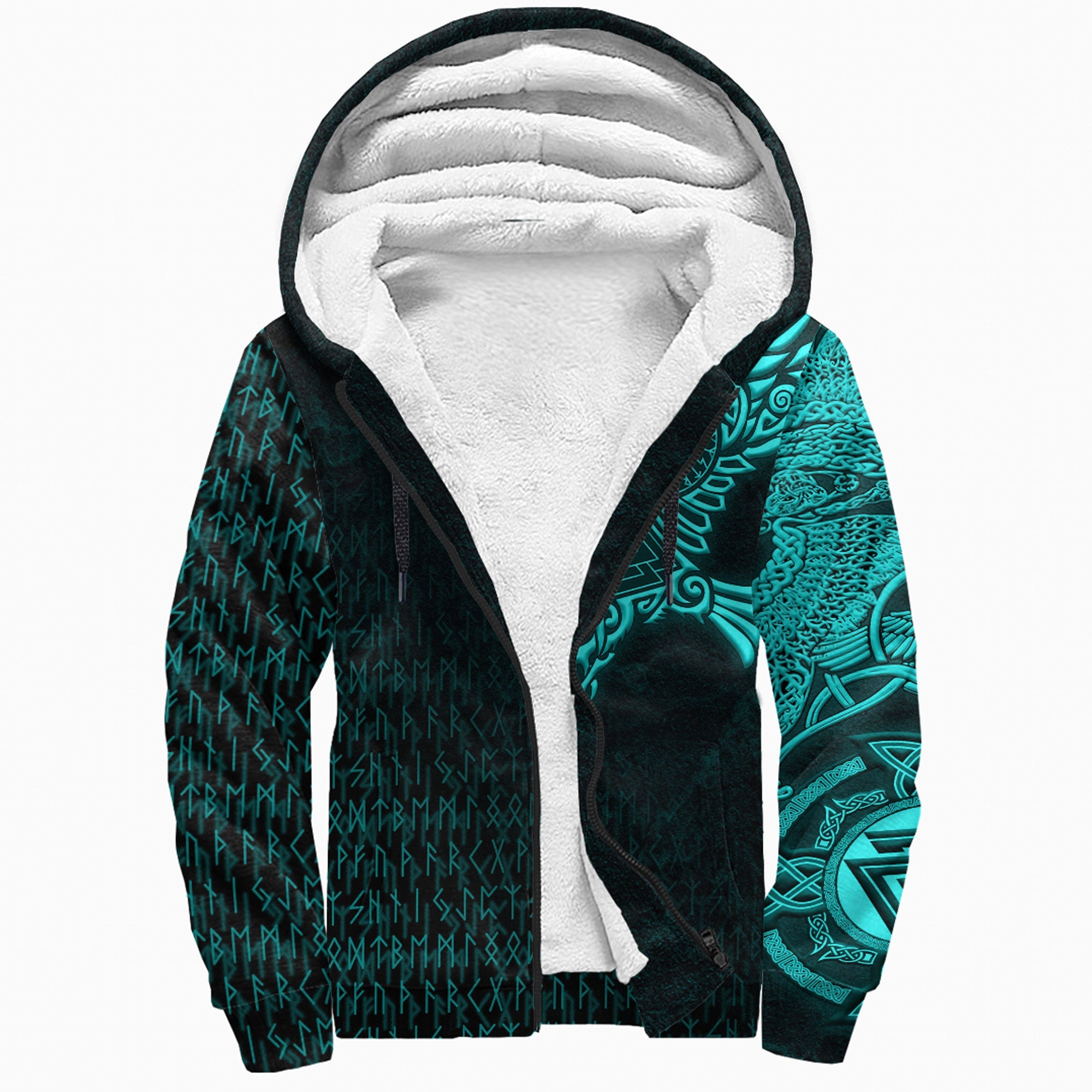 Viking Sherpa Hoodie Raven Symbol Turquoise Style