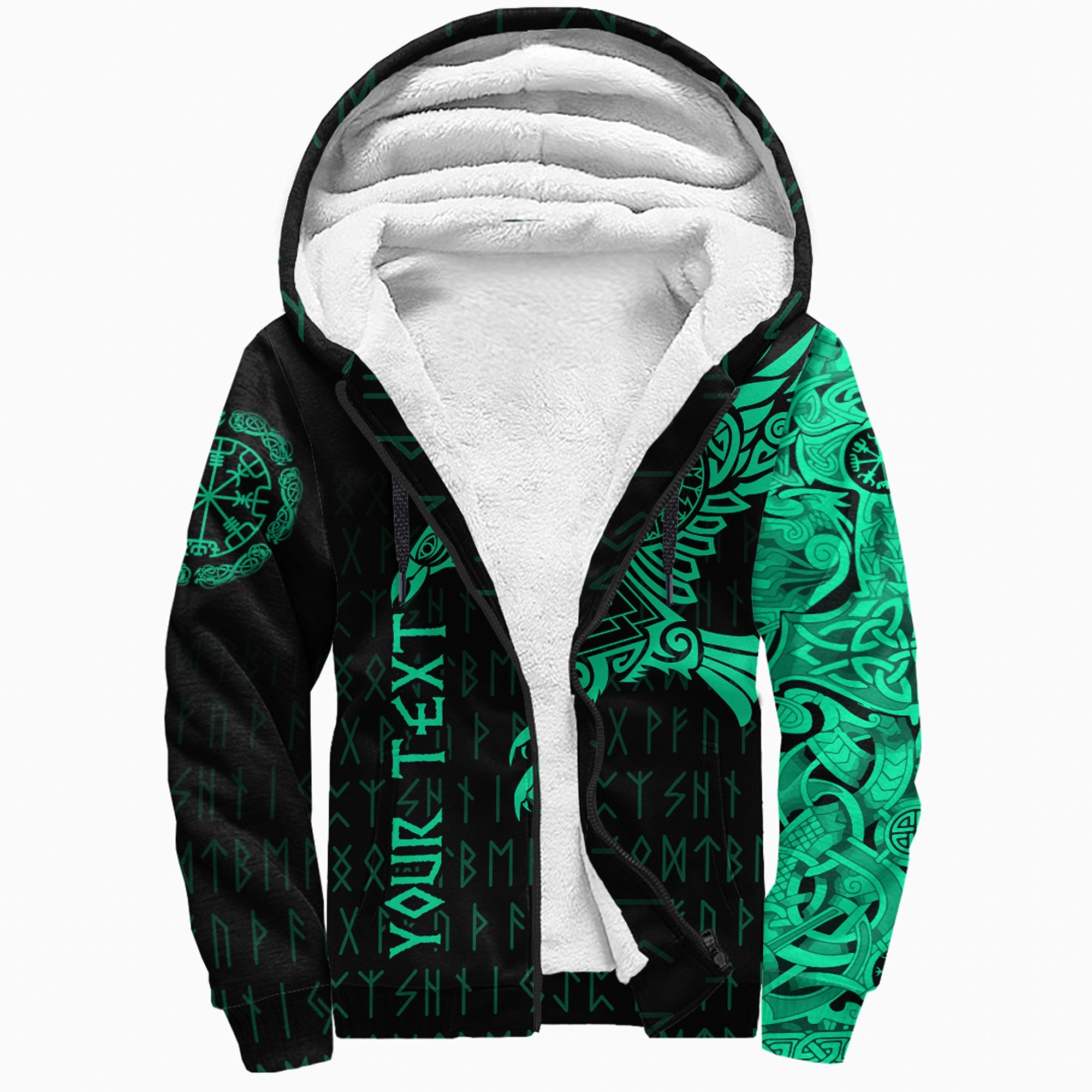 Custom Viking Sherpa Hoodie The Raven Of Odin Tattoo Green Cyan Version