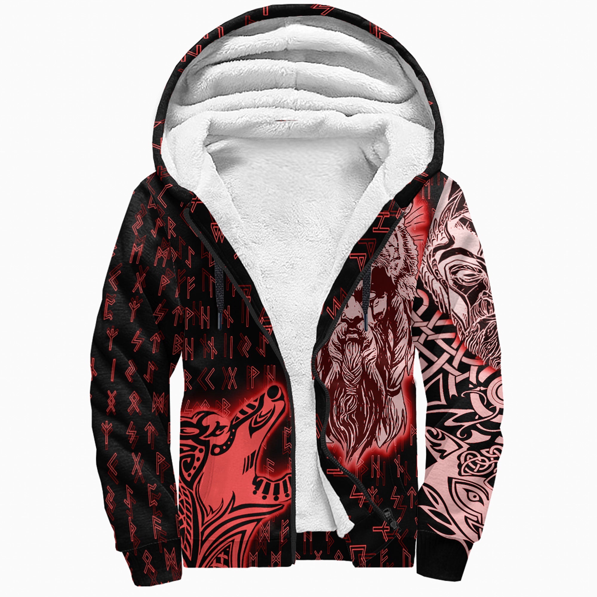 Viking Sherpa Hoodie Odin and Wolf Red Style