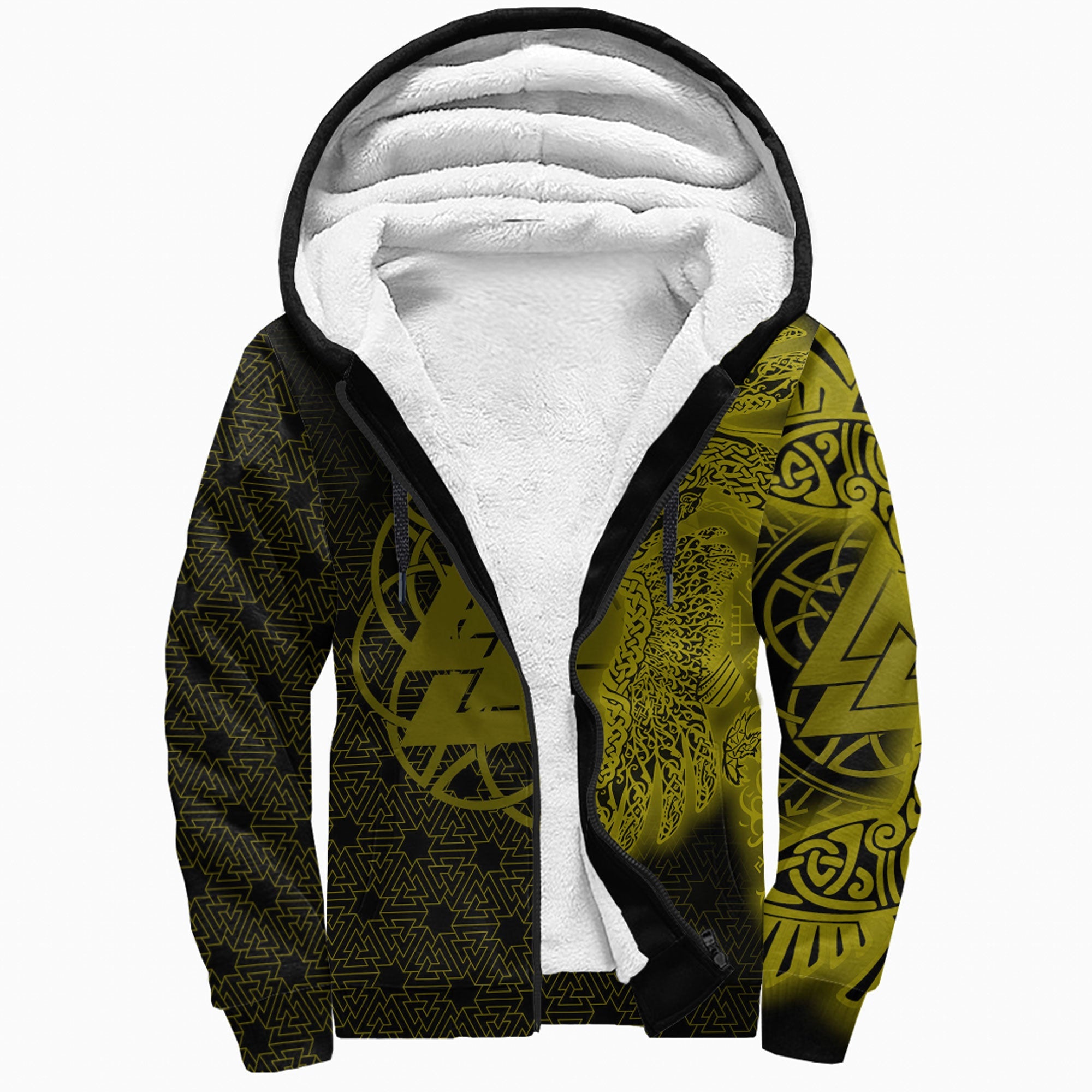 Viking Sherpa Hoodie Raven Valknut Gold Style