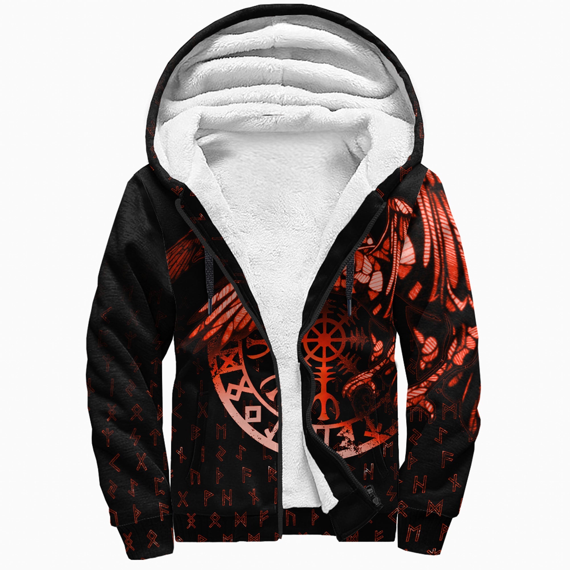 Viking Sherpa Hoodie Raven Helm of Awe Red