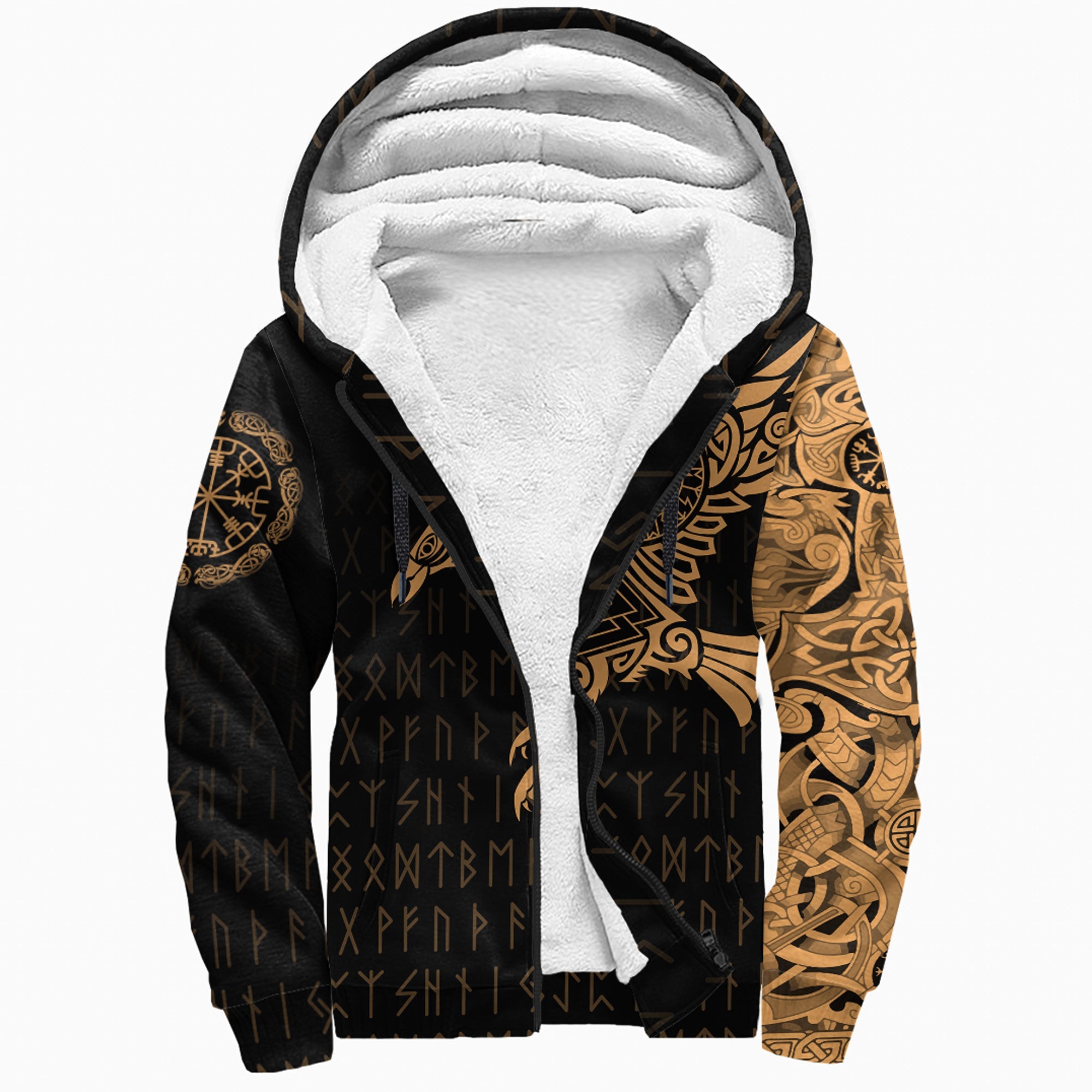 Viking Sherpa Hoodie The Raven Of Odin Tattoo Gold Version