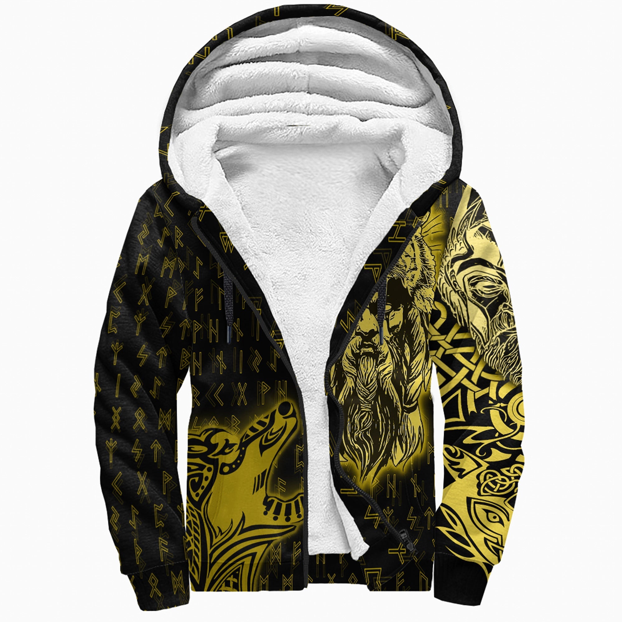 Viking Sherpa Hoodie Odin and Wolf Gold Style