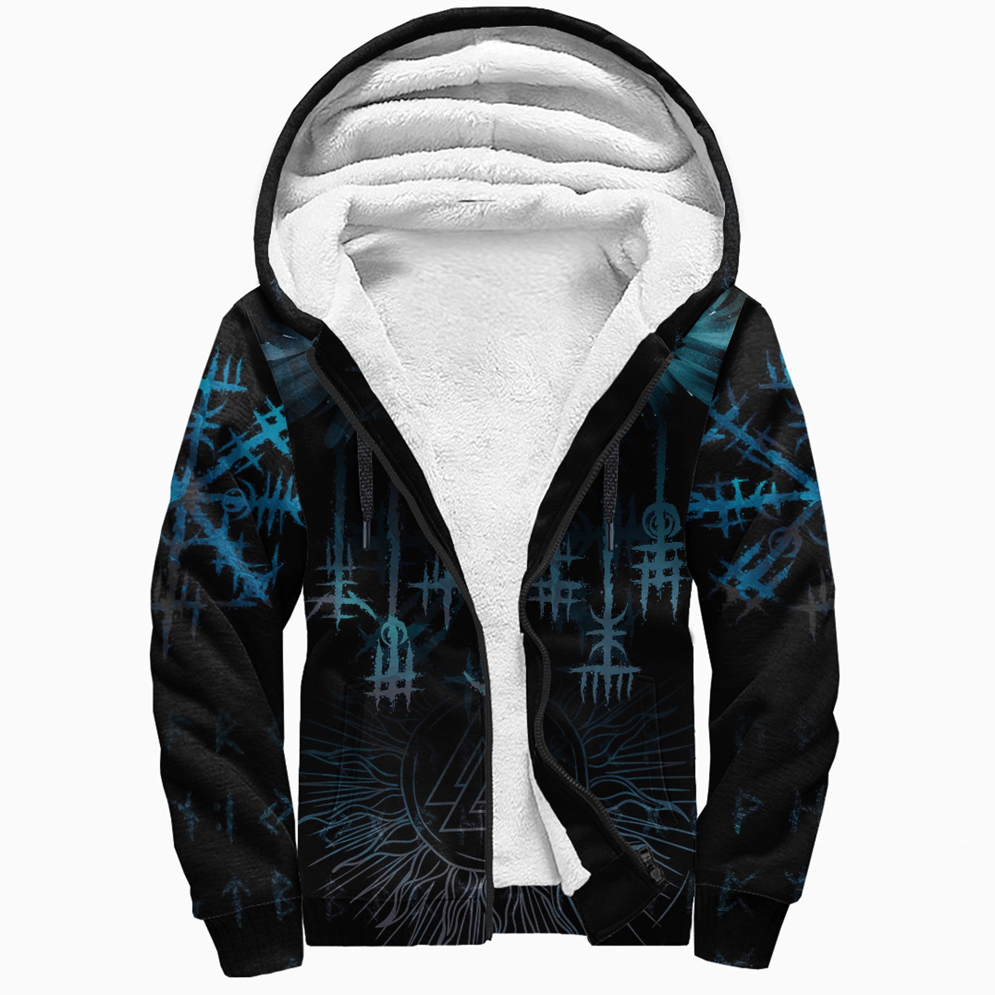 Viking Sherpa Hoodie Raven and Valknut Cyan Style