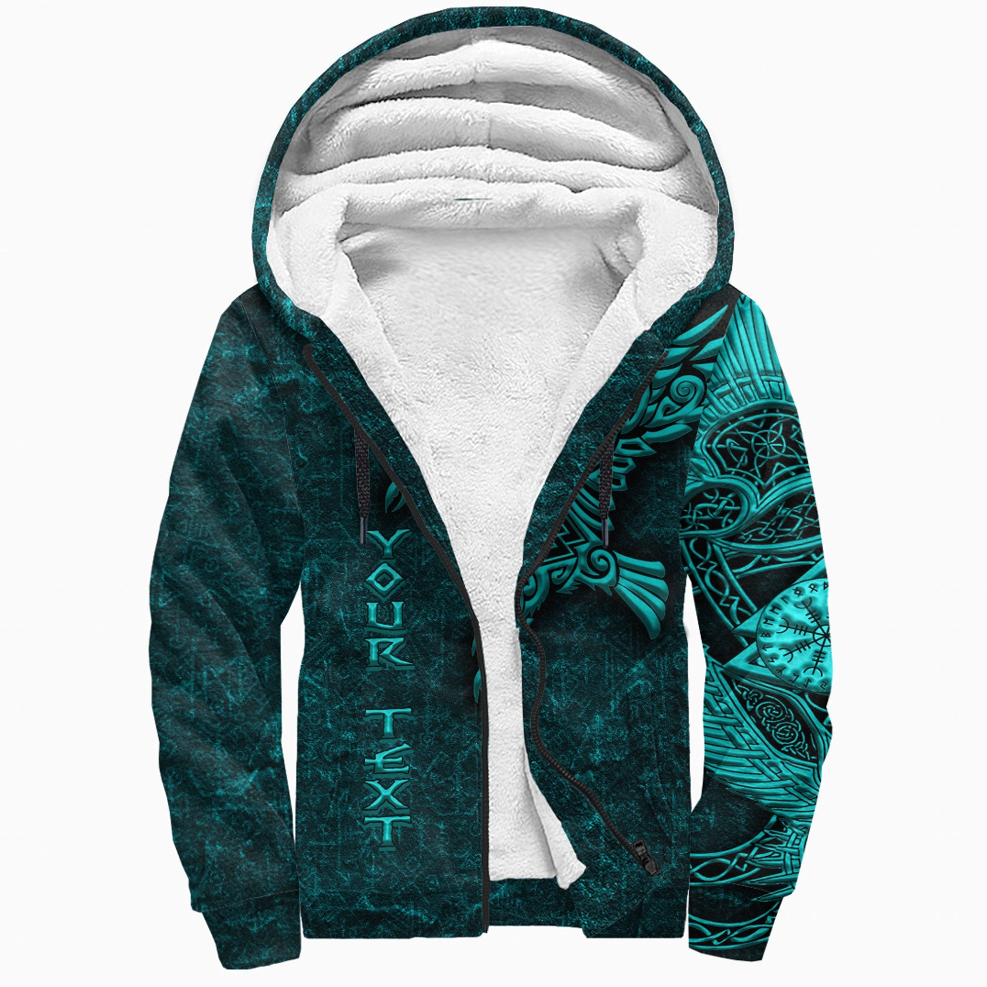 Viking Sherpa Hoodie Raven Vegvisir Turquoise Custum