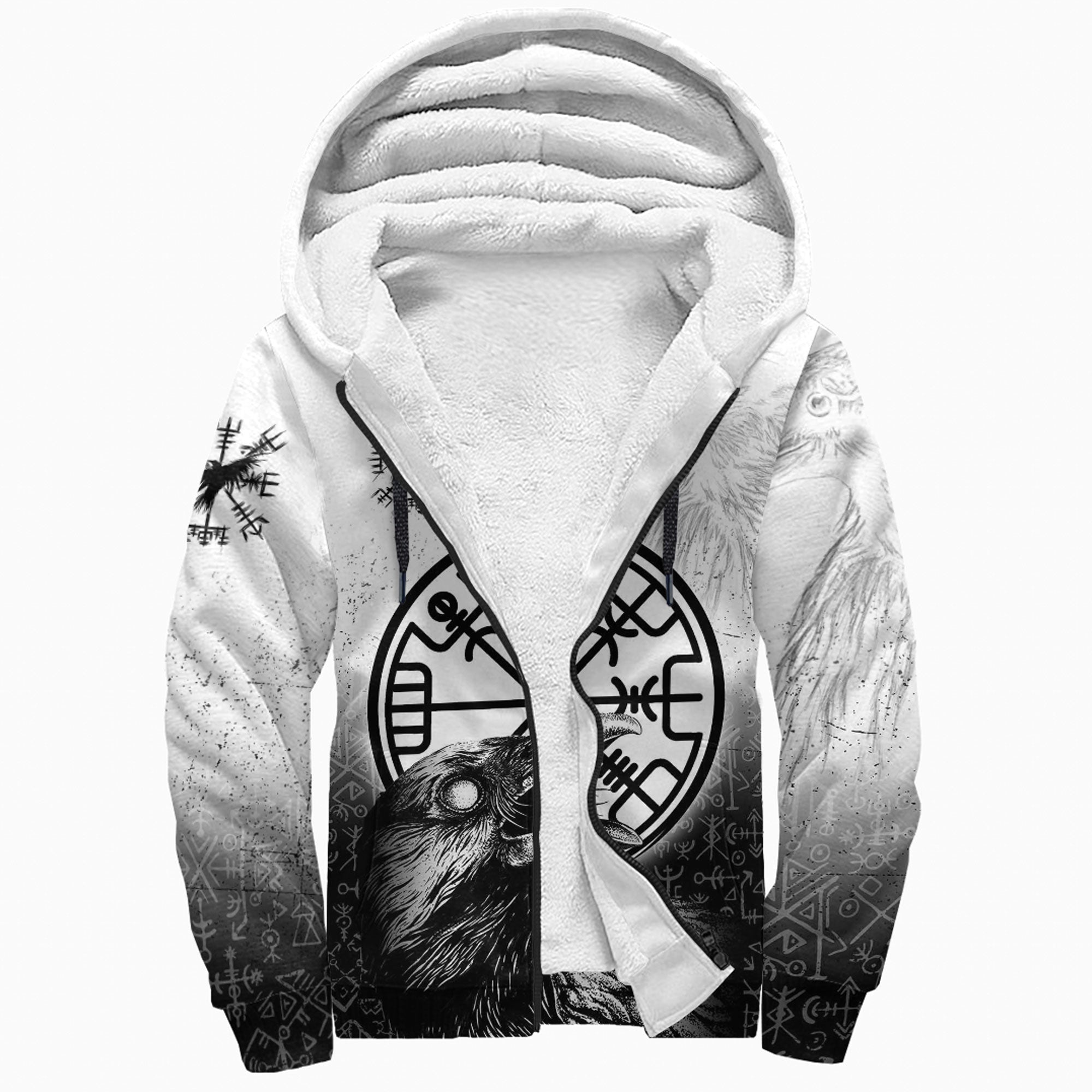 Viking Sherpa Hoodie Raven Black and White Vegvisir