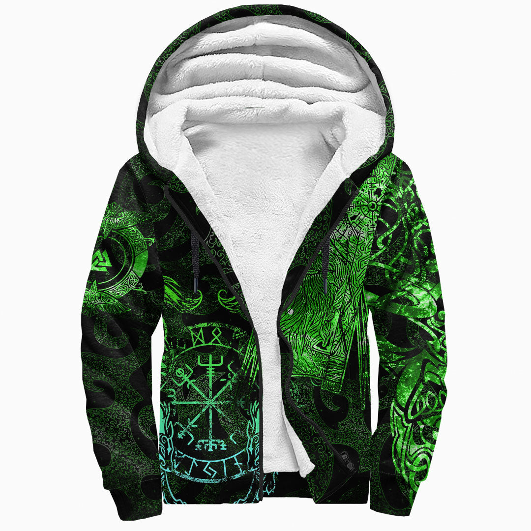 Viking Sherpa Hoodie Odin Tattoo Green Version
