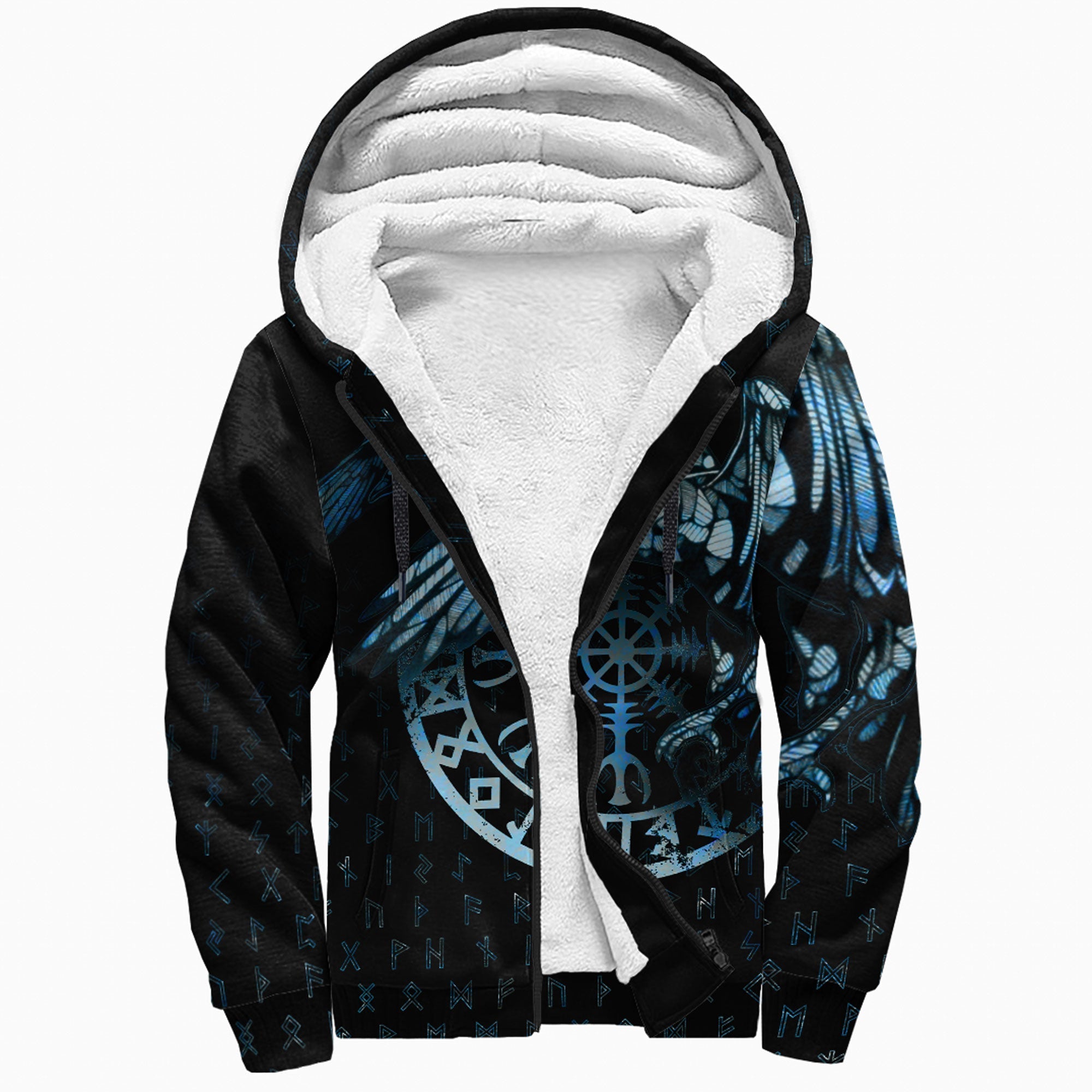 Viking Sherpa Hoodie Raven Helm of Awe Dark Blue