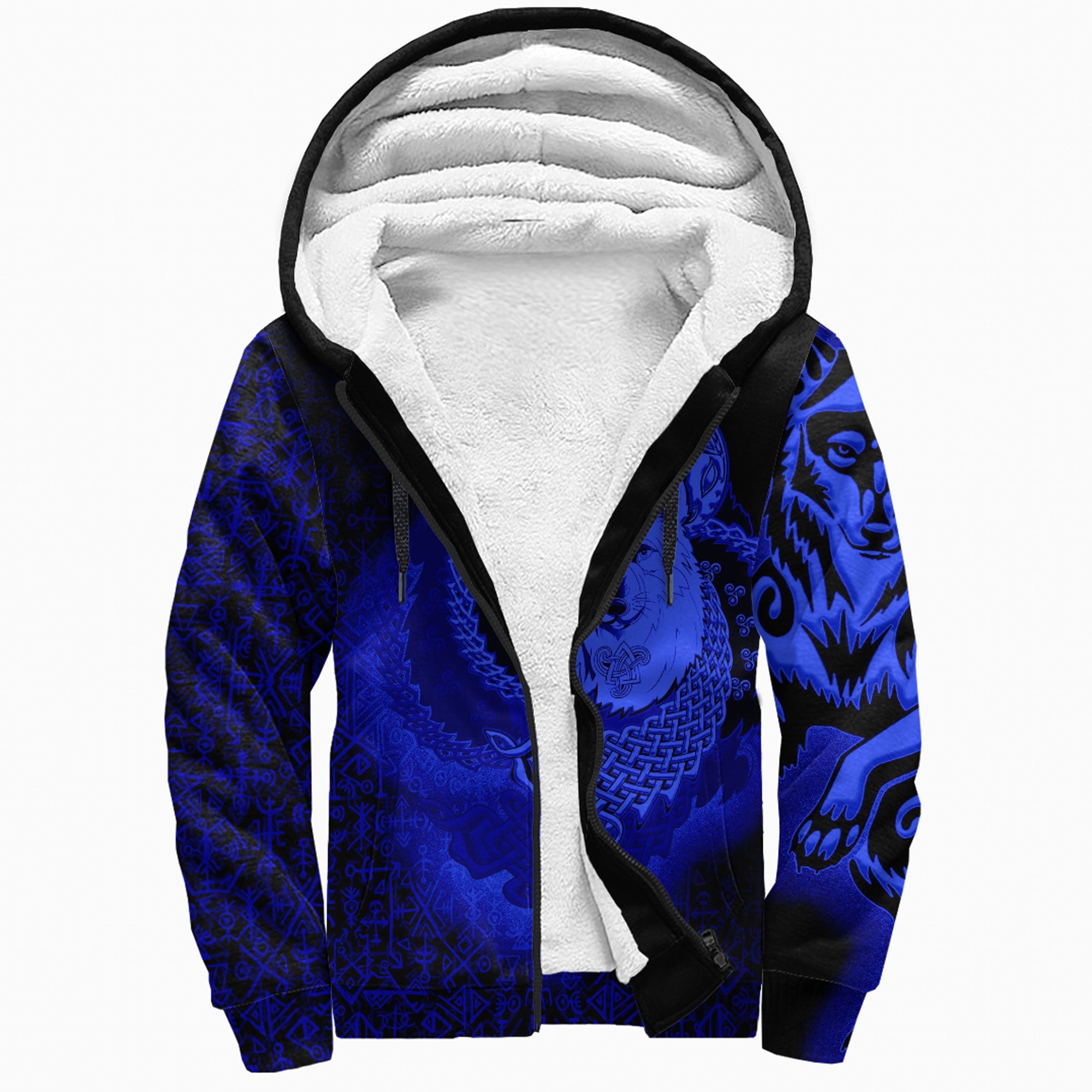 Viking Sherpa Hoodie Legendary Wolf Blue Style