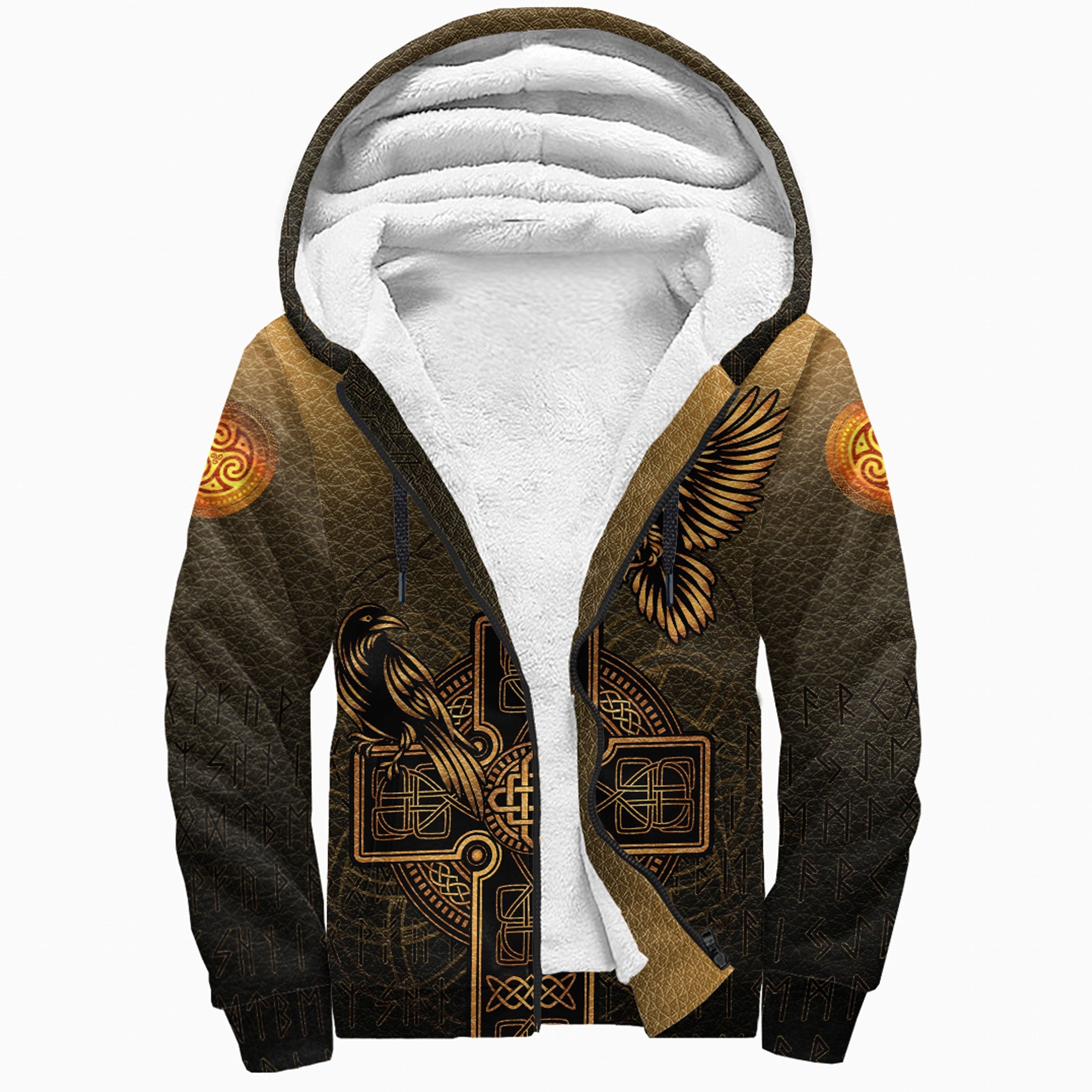 Viking Sherpa Hoodie Hugin and Munin Gold Leather Background