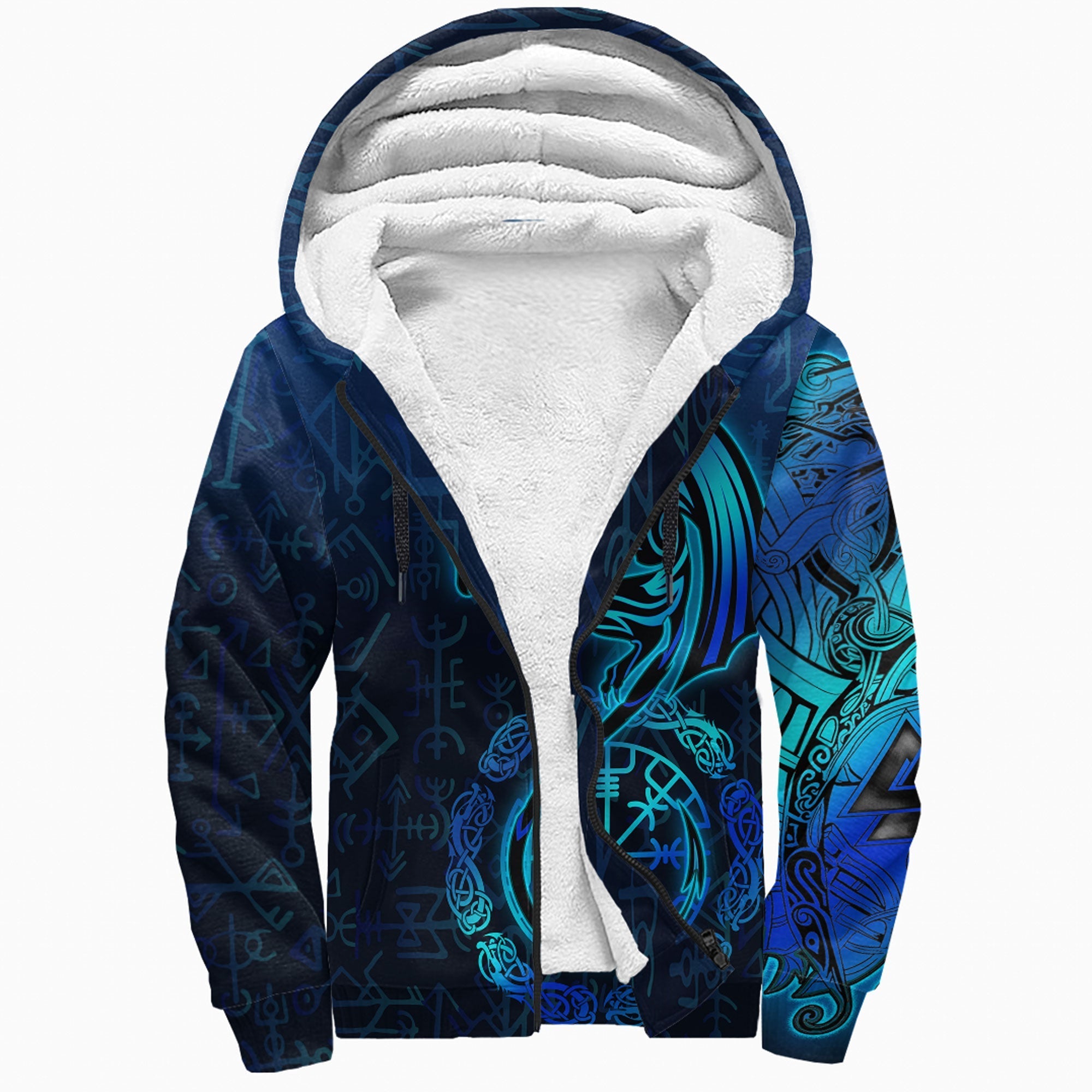 Viking Sherpa Hoodie Dragon and Vegvisir Blue Versions