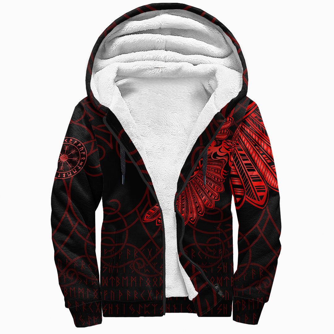 Viking Sherpa Hoodie Odin’s Raven Tattoo Red Version
