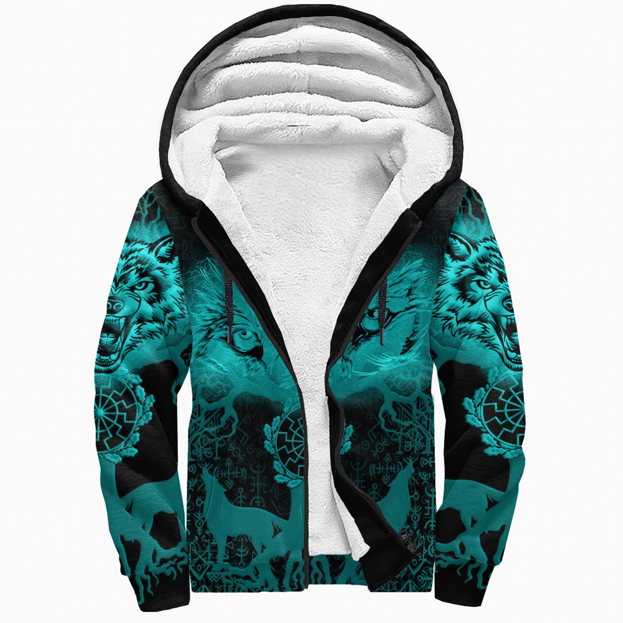 Viking Sherpa Hoodie Wolf And Tree Turquoise Style