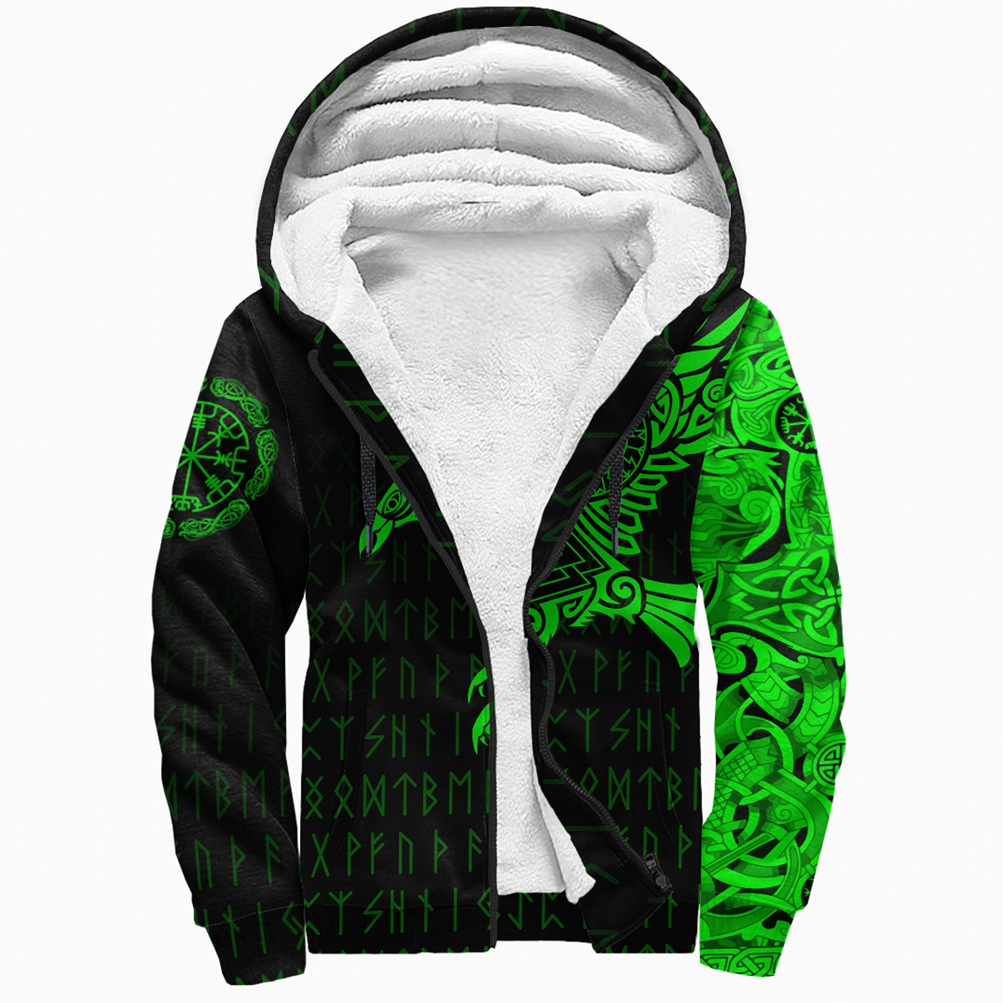 Viking Sherpa Hoodie The Raven Of Odin Tattoo Green Version