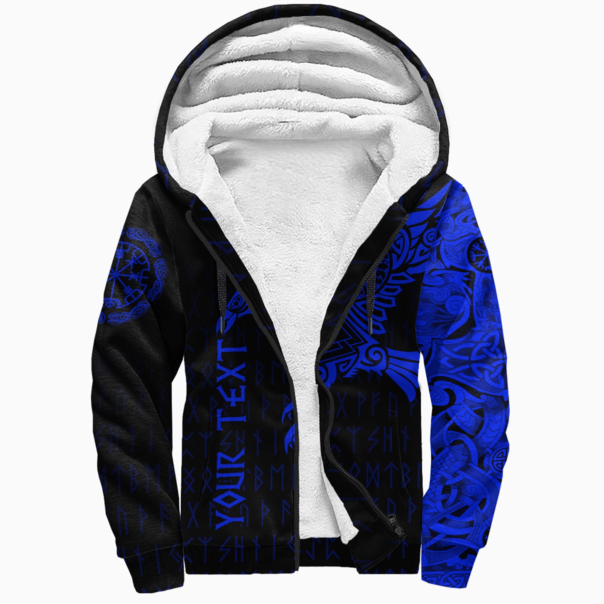 Custom Viking Sherpa Hoodie The Raven Of Odin Tattoo Blue Version