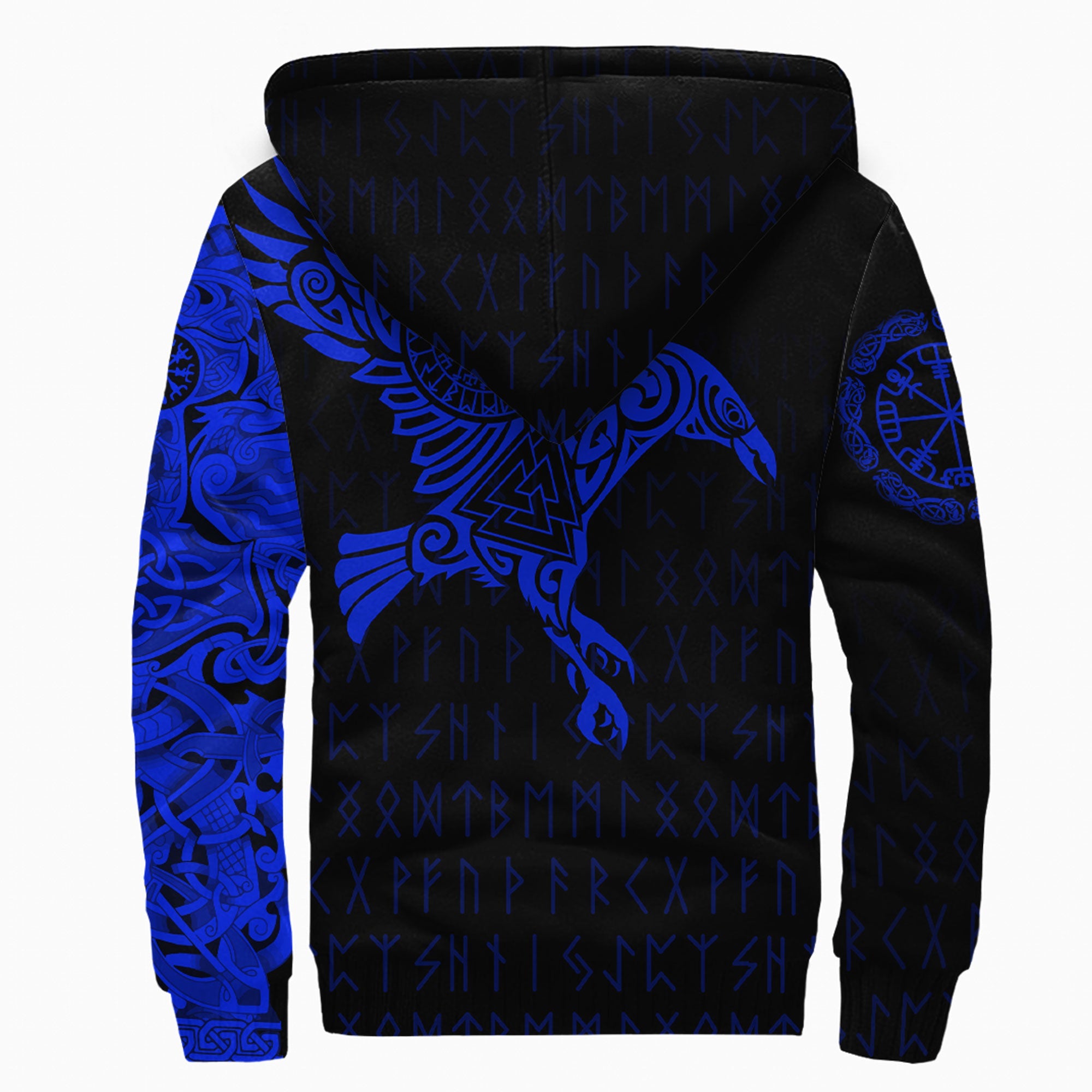 Custom Viking Sherpa Hoodie The Raven Of Odin Tattoo Blue Version