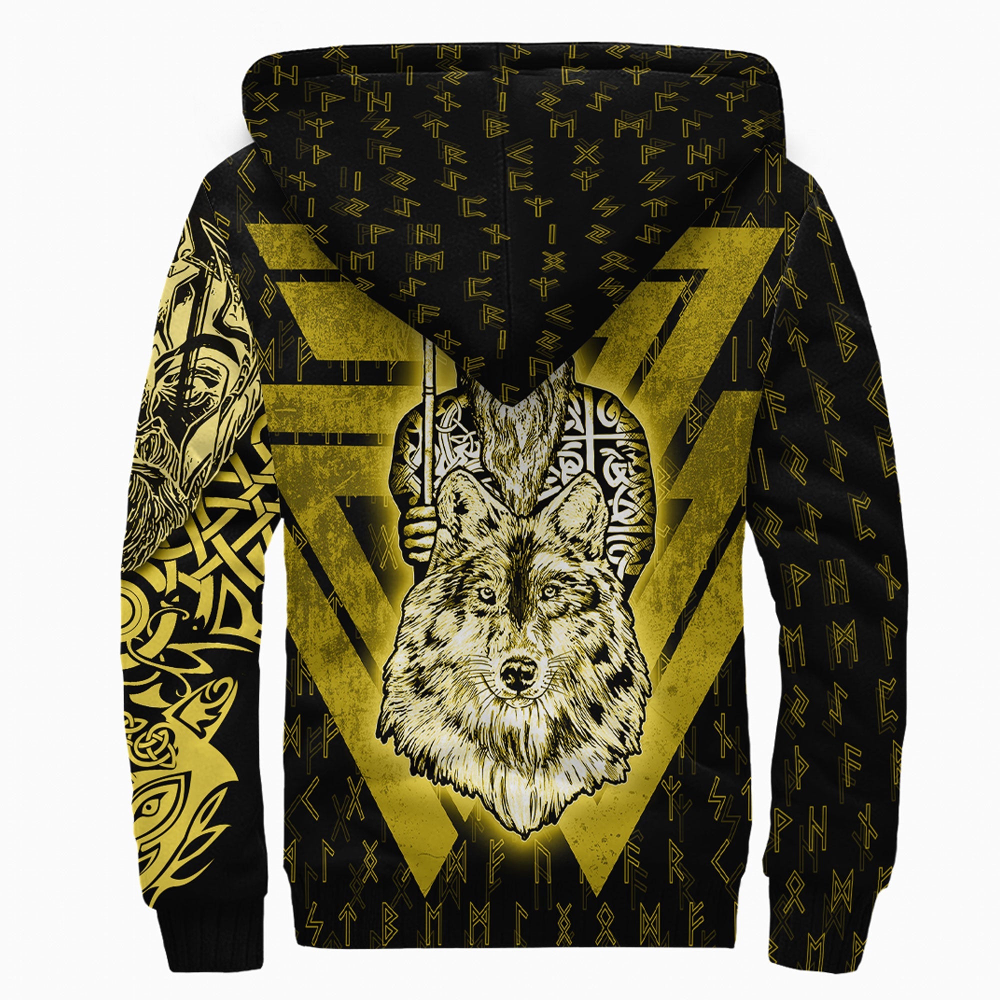 Viking Sherpa Hoodie Odin and Wolf Gold Style