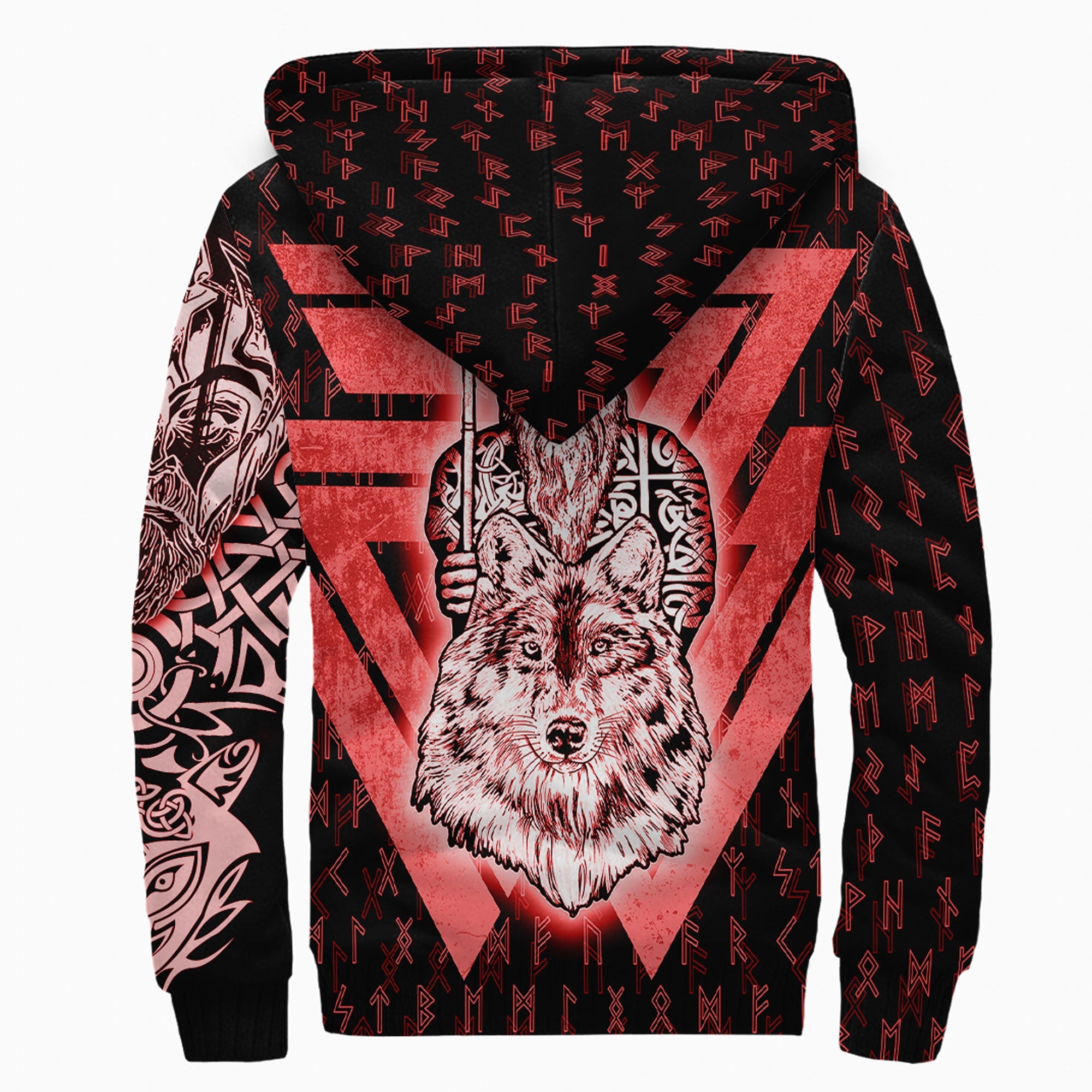 Viking Sherpa Hoodie Odin and Wolf Red Style