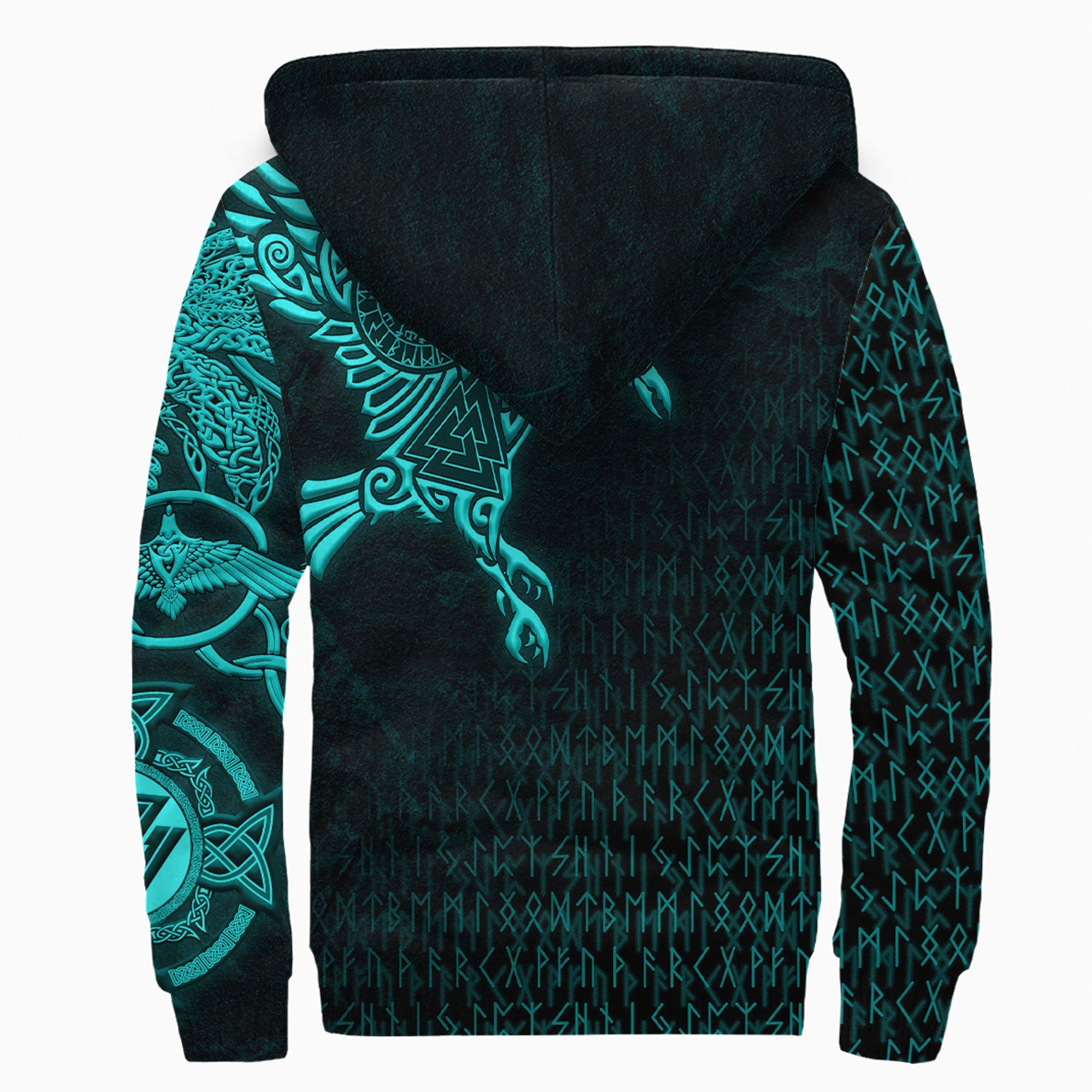 Viking Sherpa Hoodie Raven Symbol Turquoise Style