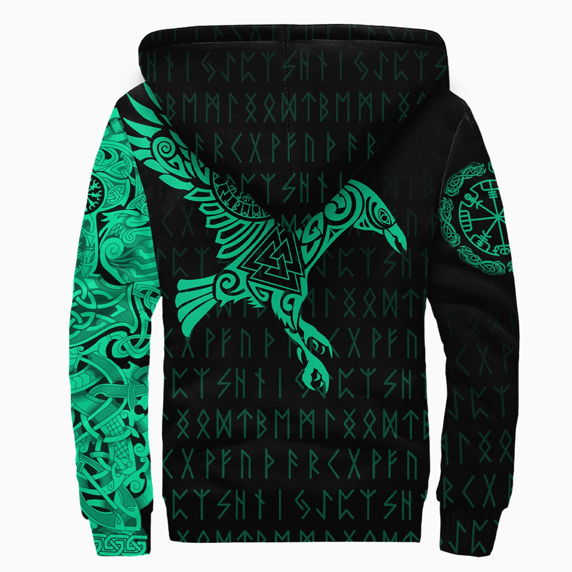 Custom Viking Sherpa Hoodie The Raven Of Odin Tattoo Green Cyan Version