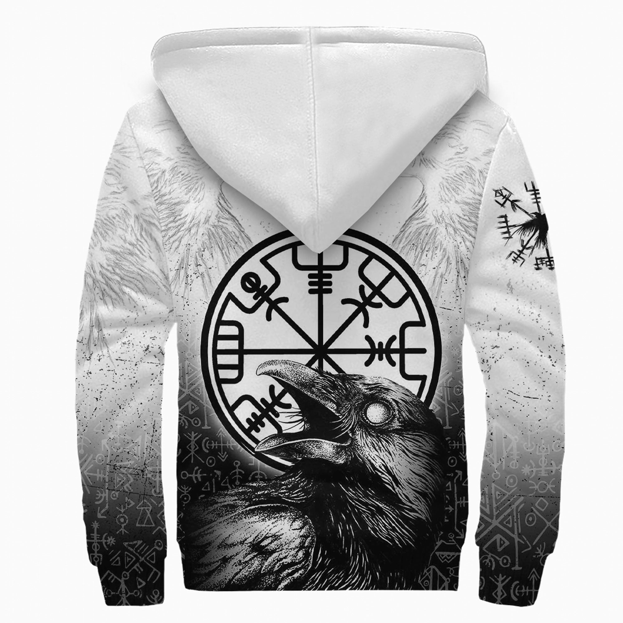 Viking Sherpa Hoodie Raven Black and White Vegvisir