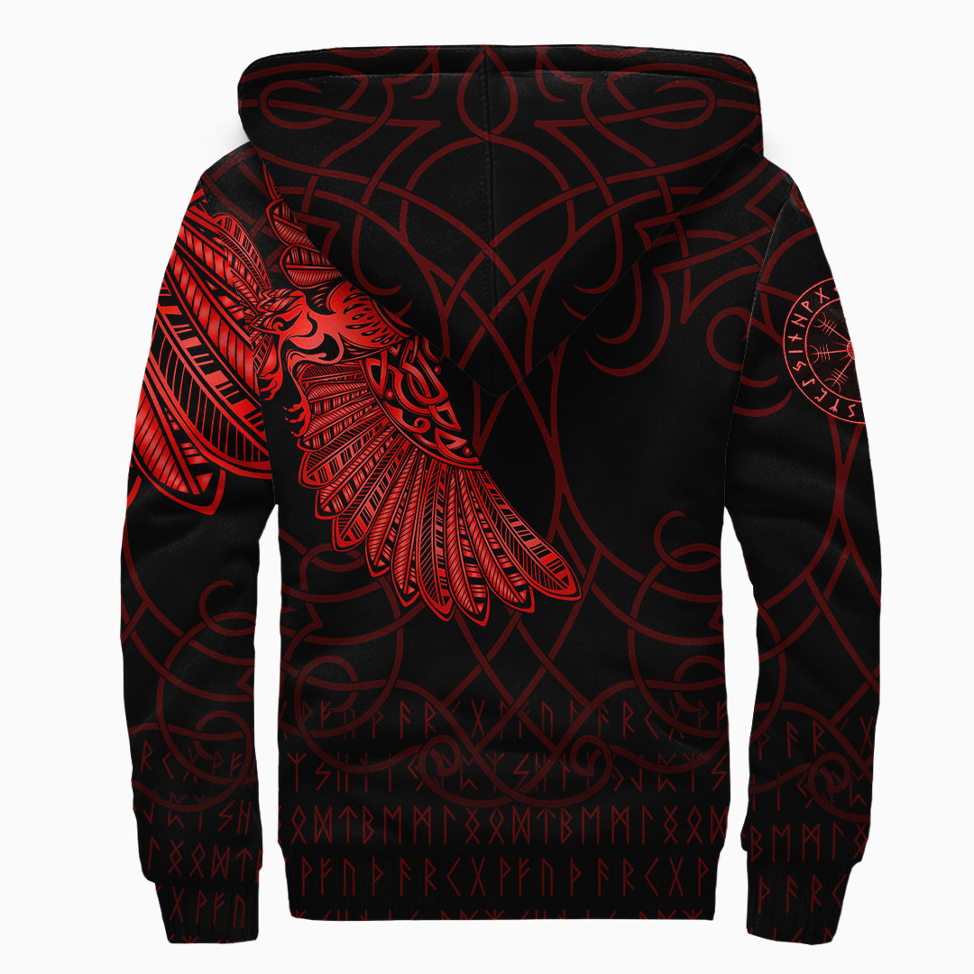 Viking Sherpa Hoodie Odin’s Raven Tattoo Red Version