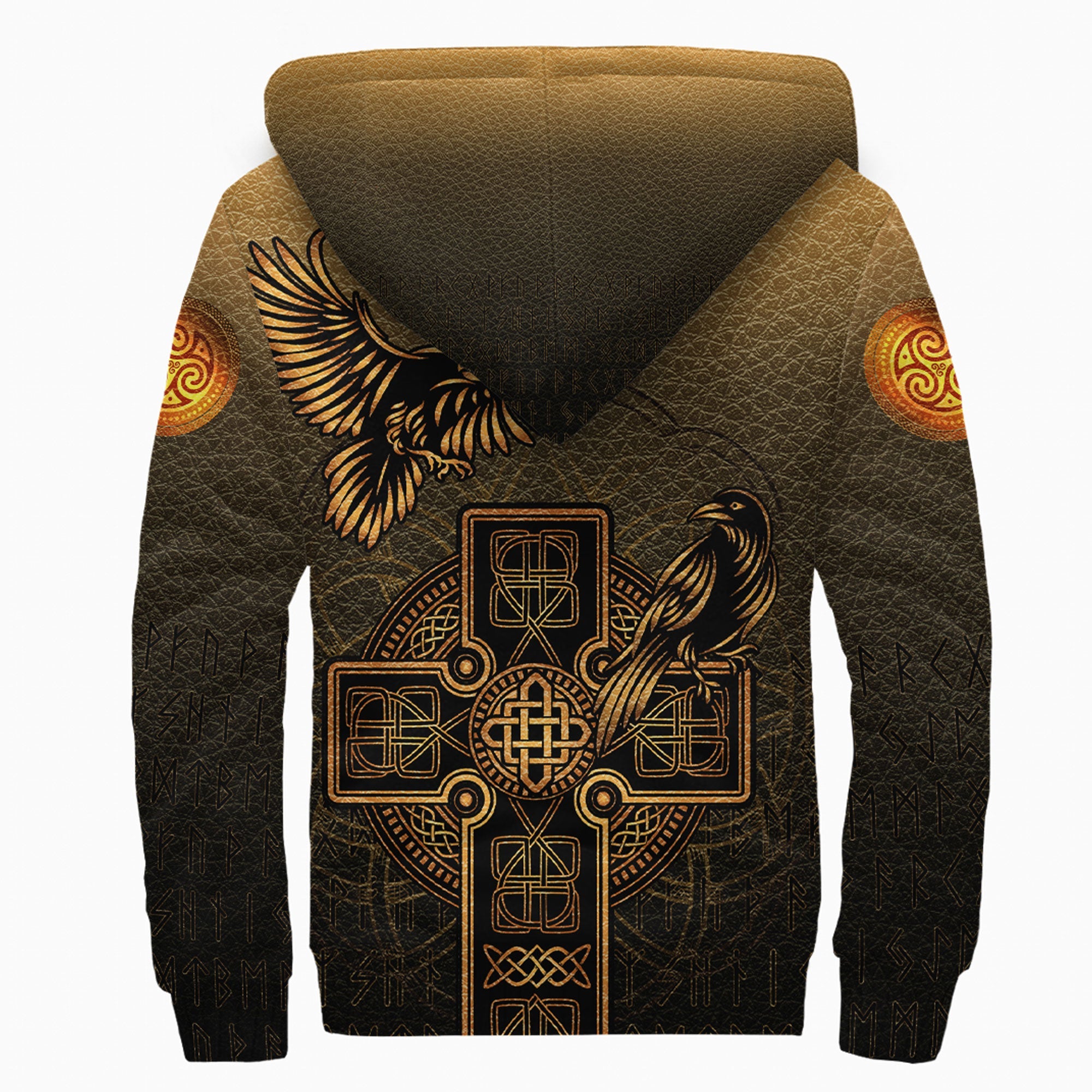 Viking Sherpa Hoodie Hugin and Munin Gold Leather Background