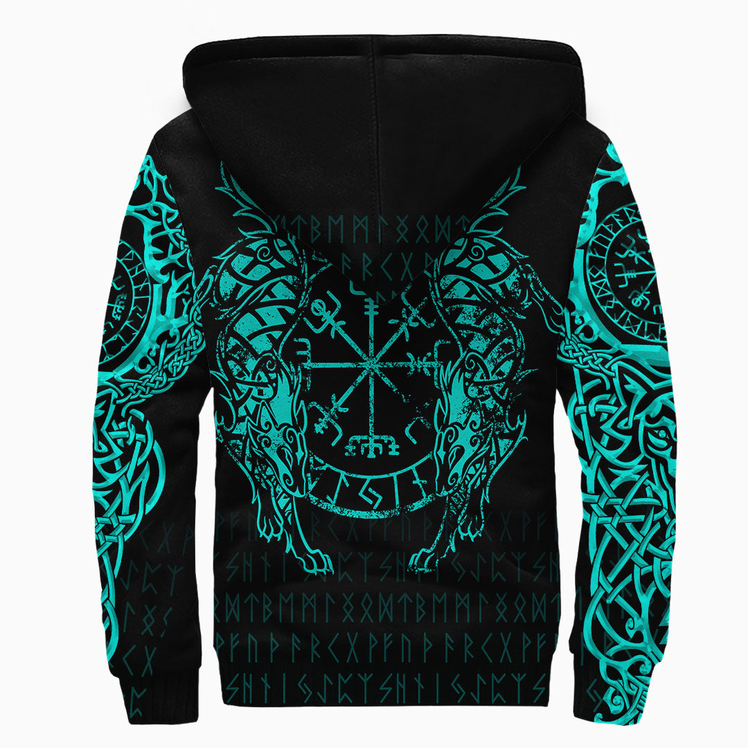 Viking Sherpa Hoodie Compass Vegvisir Tattoo Cyan Version