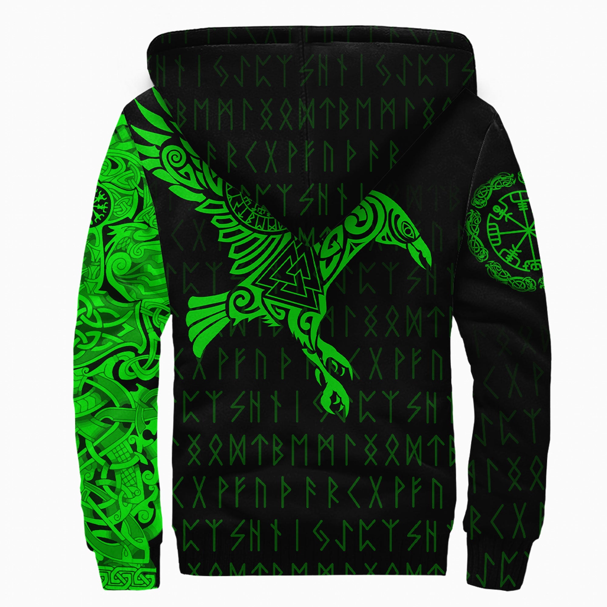 Viking Sherpa Hoodie The Raven Of Odin Tattoo Green Version